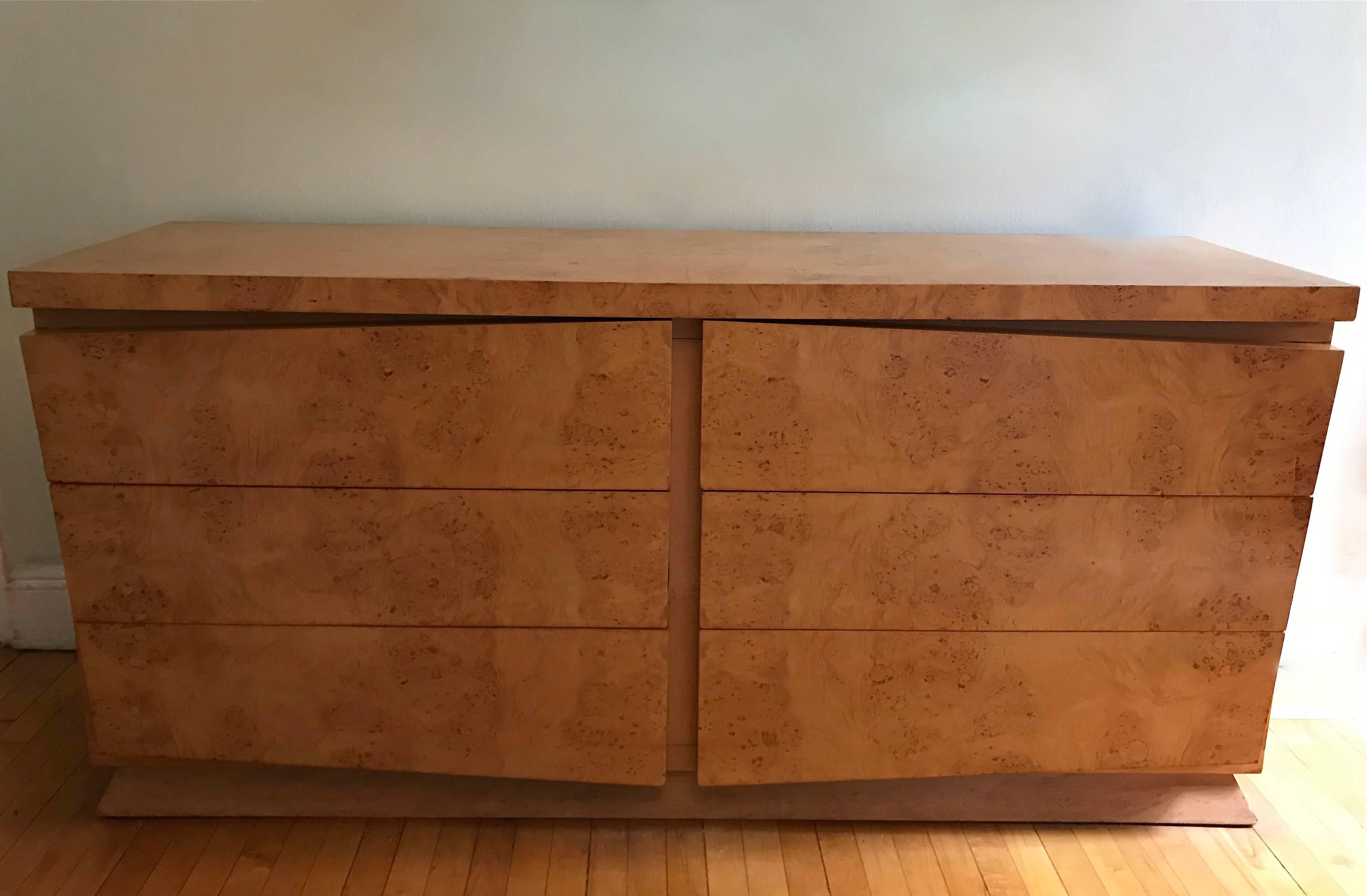 American Mid-Century Modern Burl Olive Wood Double Dresser
