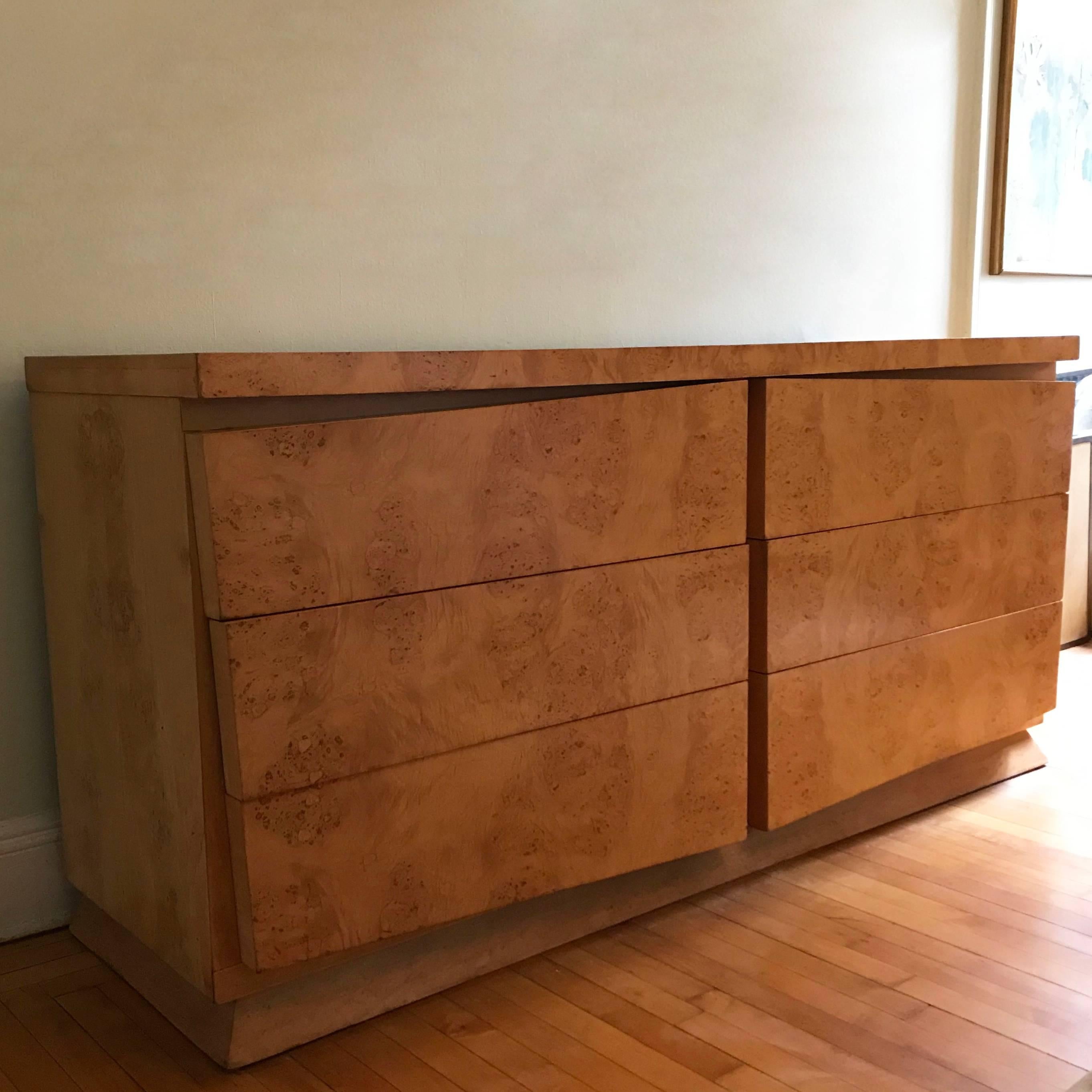 Veneer Mid-Century Modern Burl Olive Wood Double Dresser