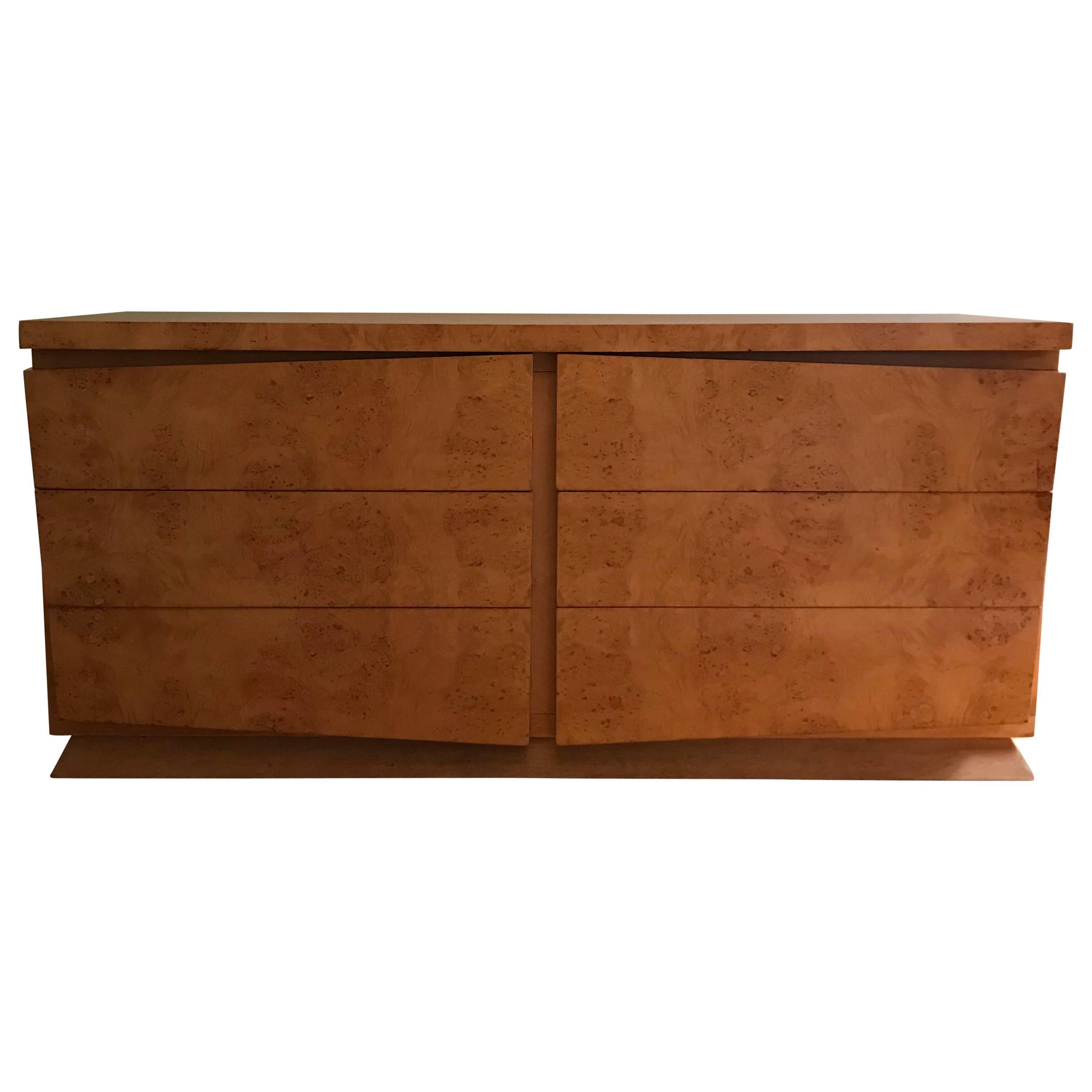 Mid-Century Modern Burl Olive Wood Double Dresser