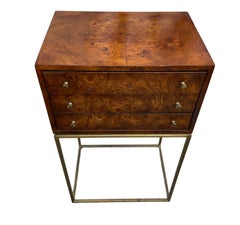 Mid Century Modern Burl Petite 3 Drawer Jewelry Chest Brass Bass and Knobs