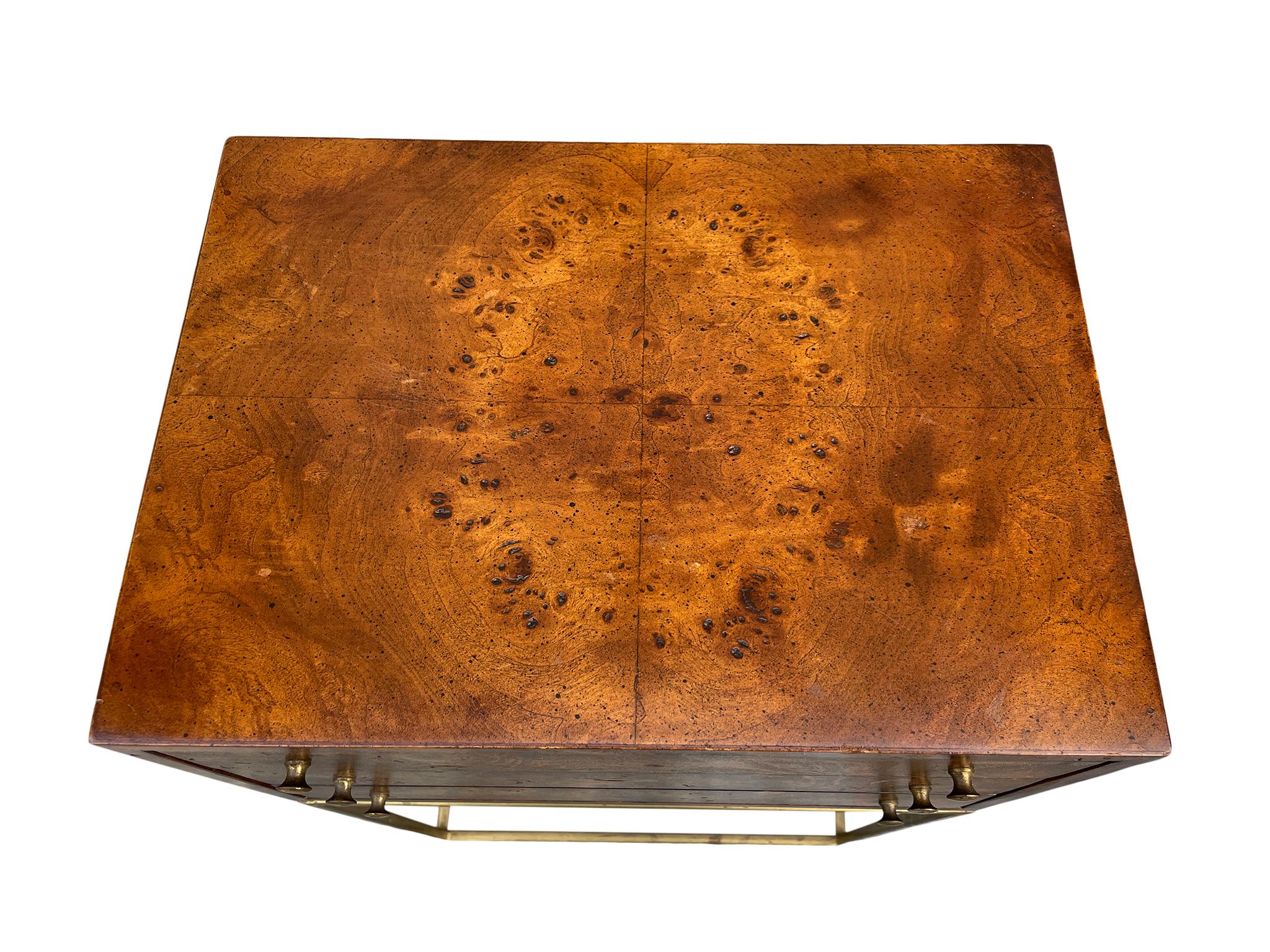 Mid-Century Modern Mid Century Modern Burl Petite 3 Drawer Jewelry Chest Brass Bass and Knobs