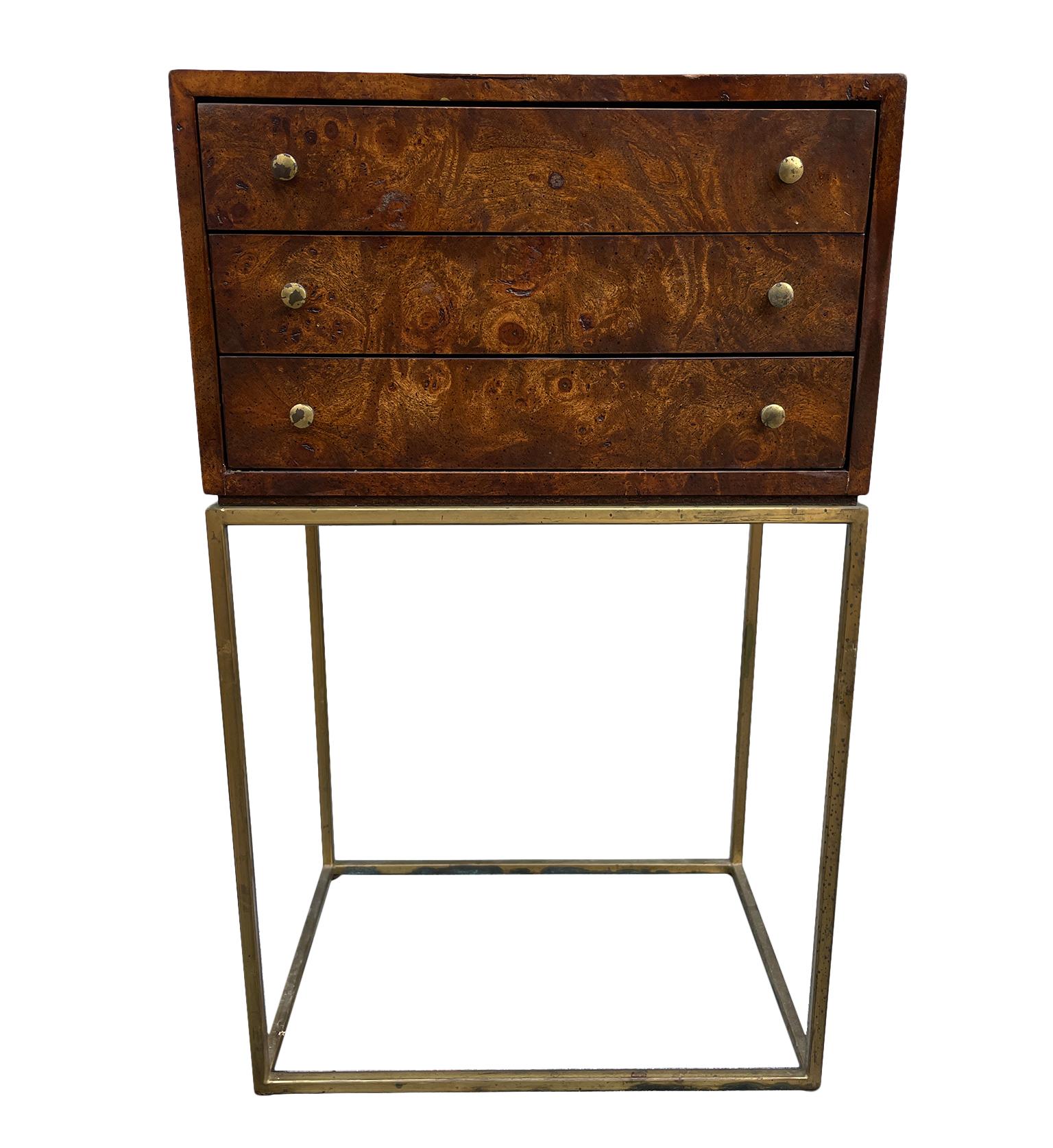 Mid Century Modern Burl Petite 3 Drawer Jewelry Chest Brass Bass and Knobs 2