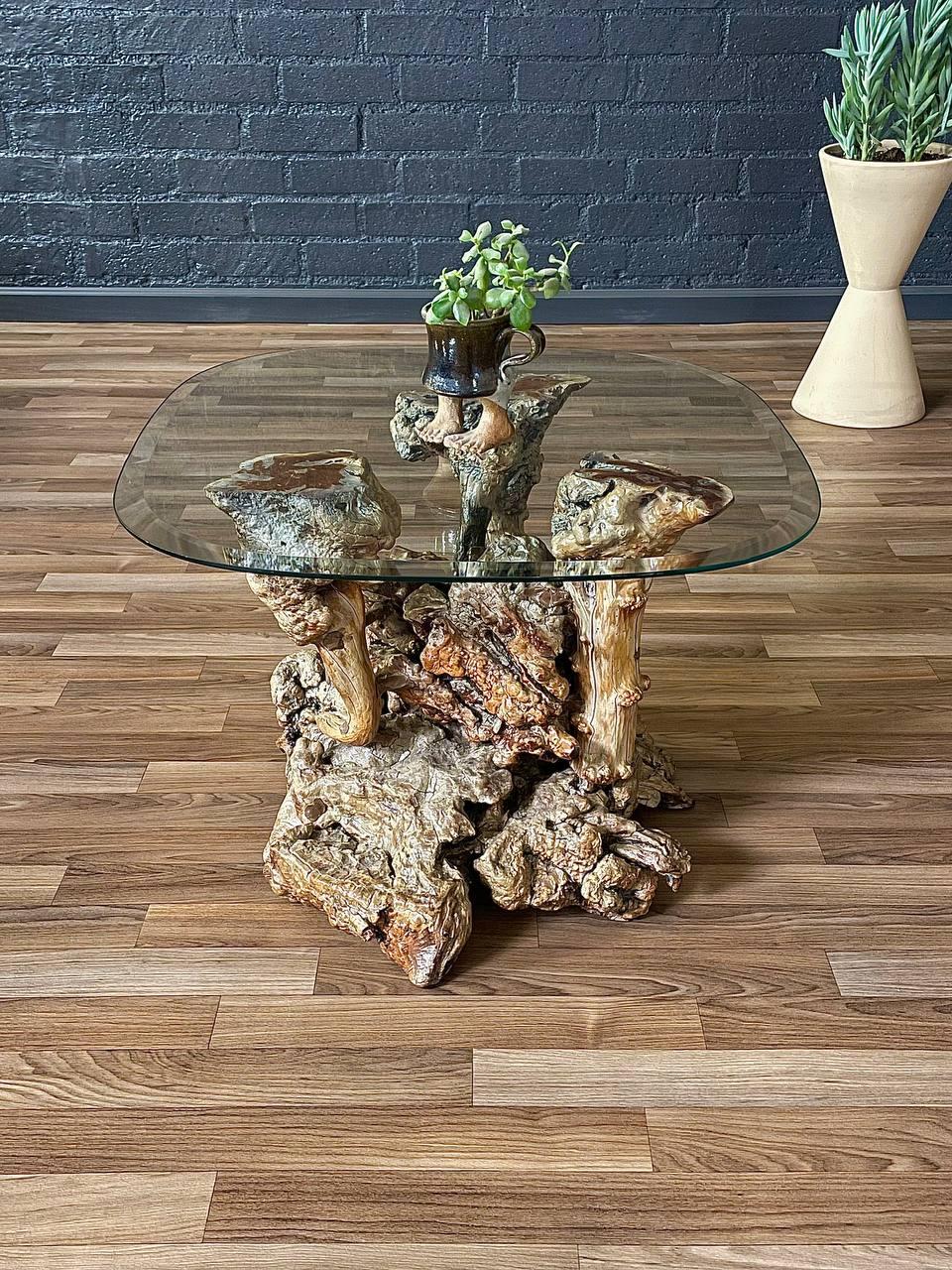 American Mid-Century Modern Burl Root Side & Glass Side Table