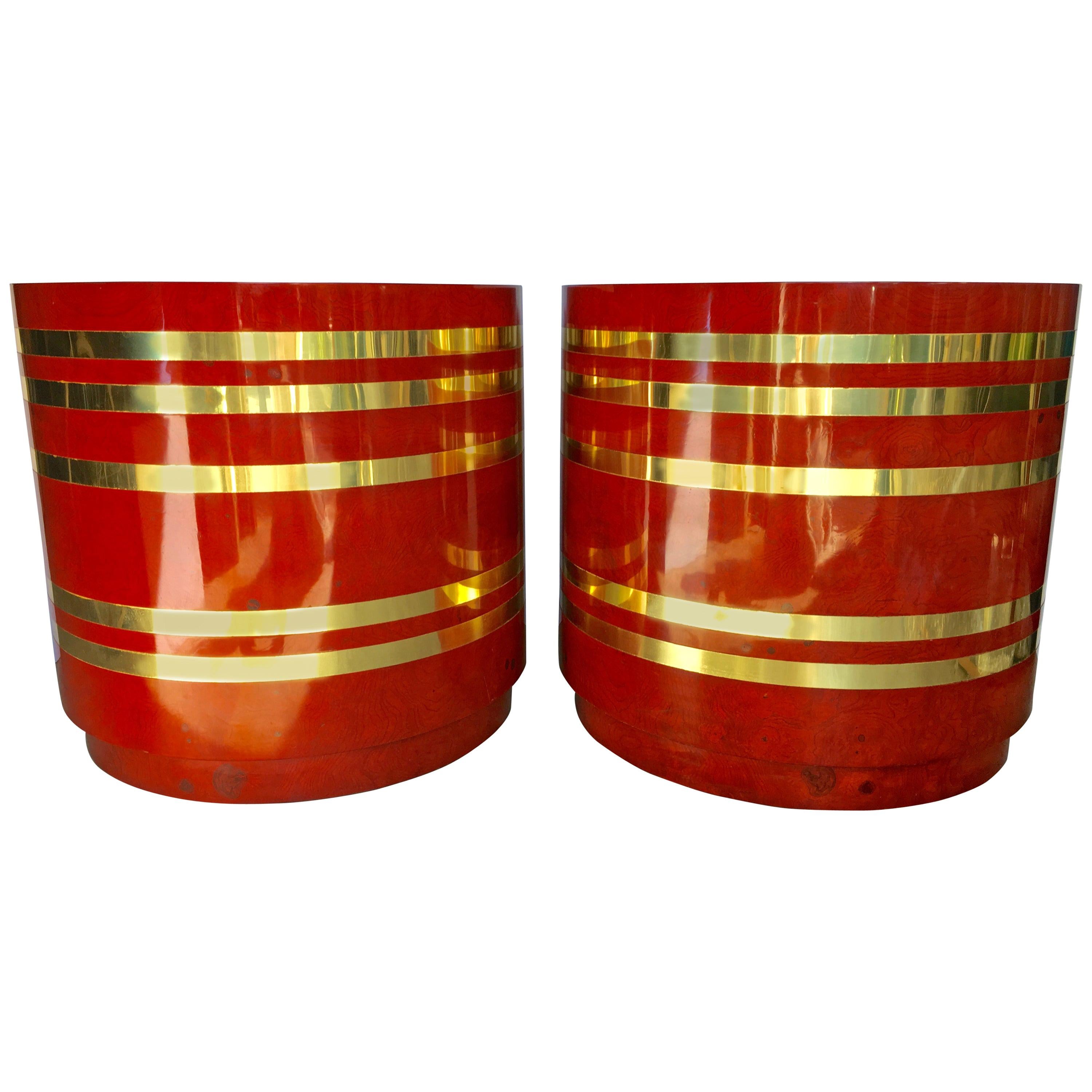 Mid-Century Modern Burl Wood and Brass Striped Round Side Drum Tables, Pair For Sale