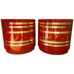 Mid-Century Modern Burl Wood and Brass Striped Round Side Drum Tables, Pair