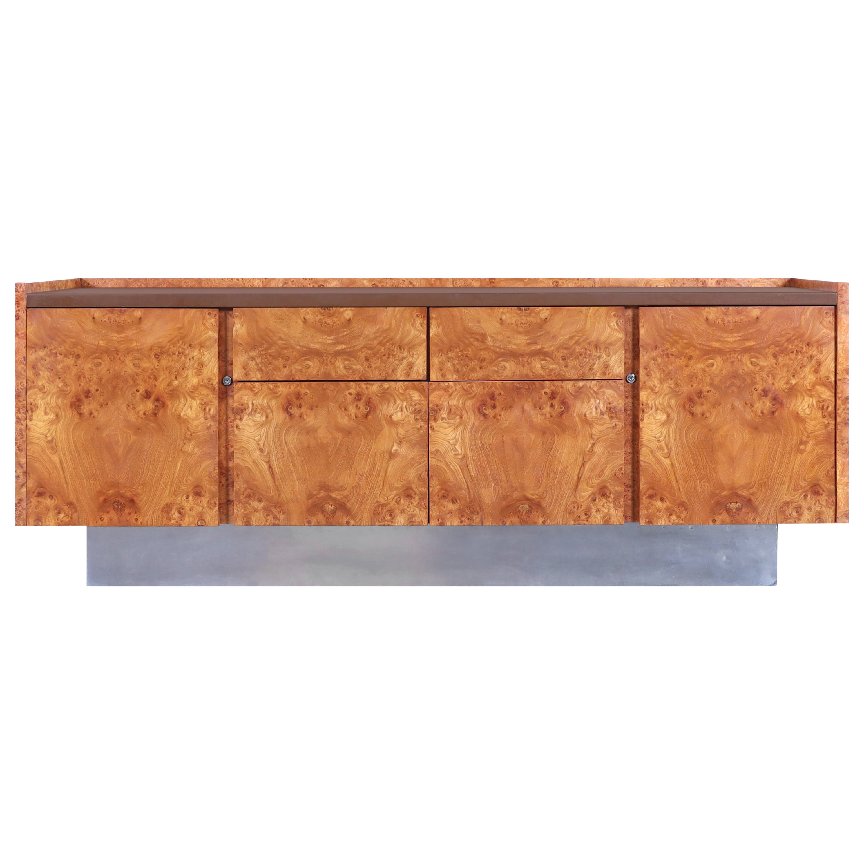 Mid-Century Modern Burl Wood and Chrome Credenza by Biltrite