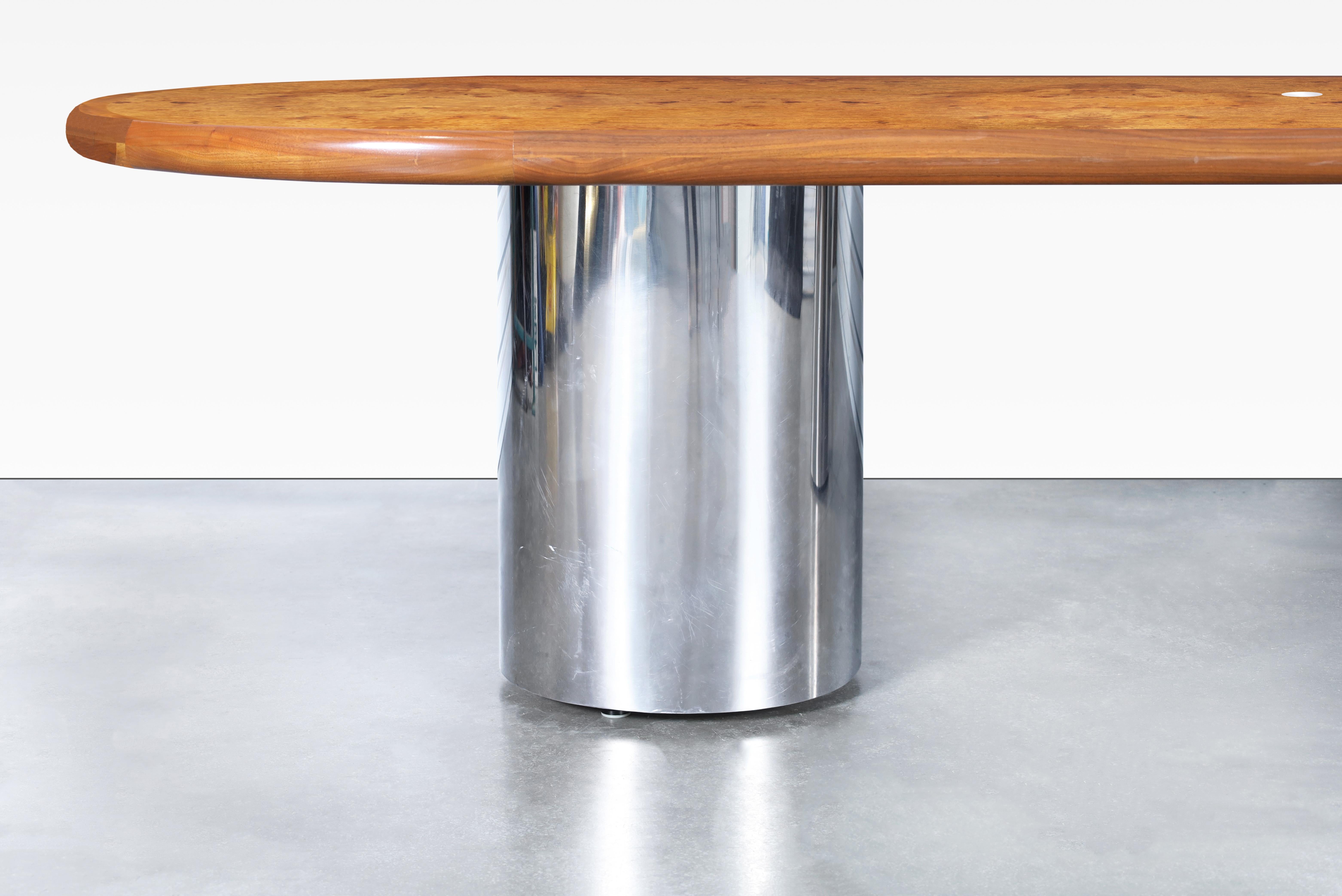 American Mid-Century Modern Burl Wood and Chrome Oval Dining Table or Conference Table For Sale