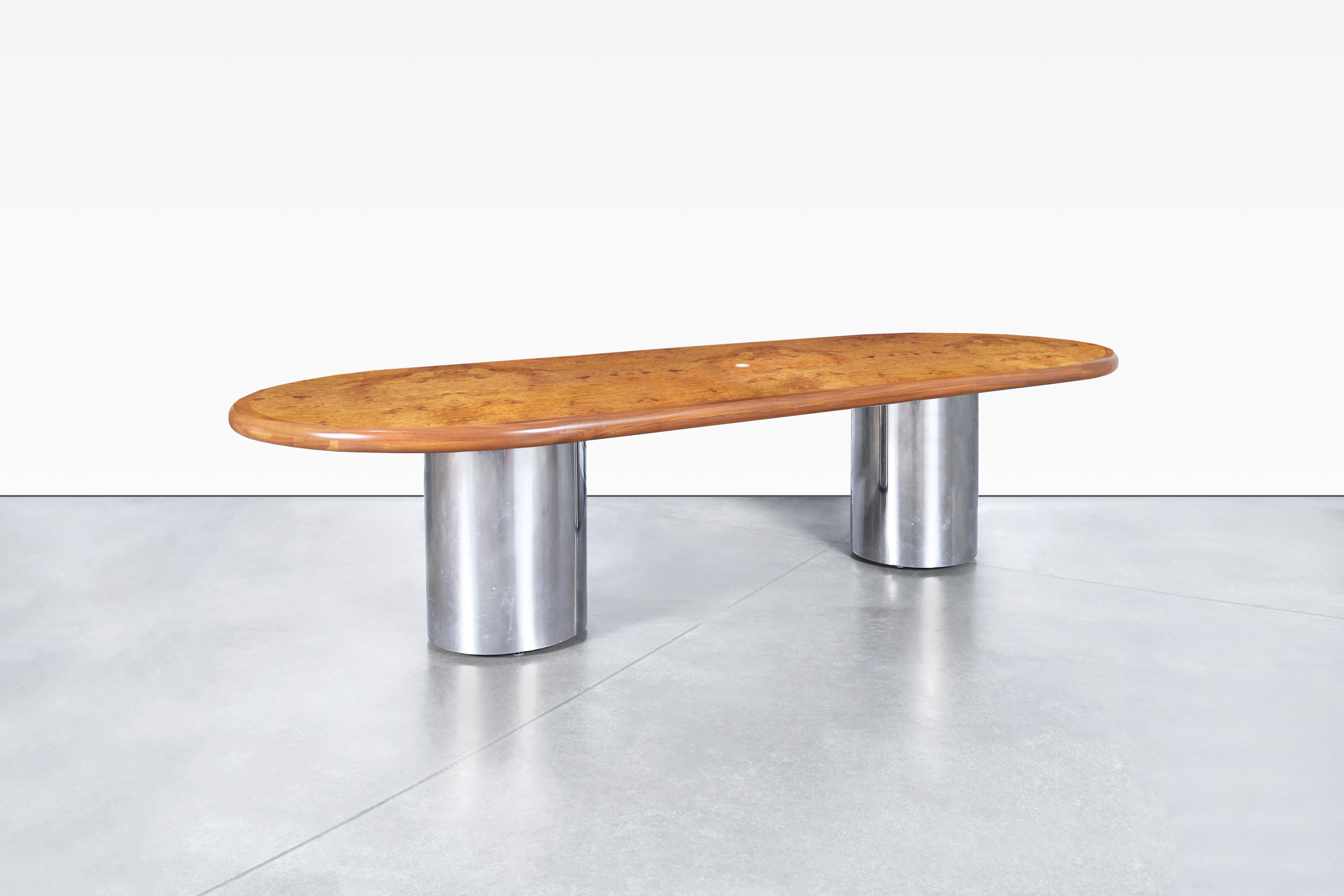 Late 20th Century Mid-Century Modern Burl Wood and Chrome Oval Dining Table or Conference Table For Sale