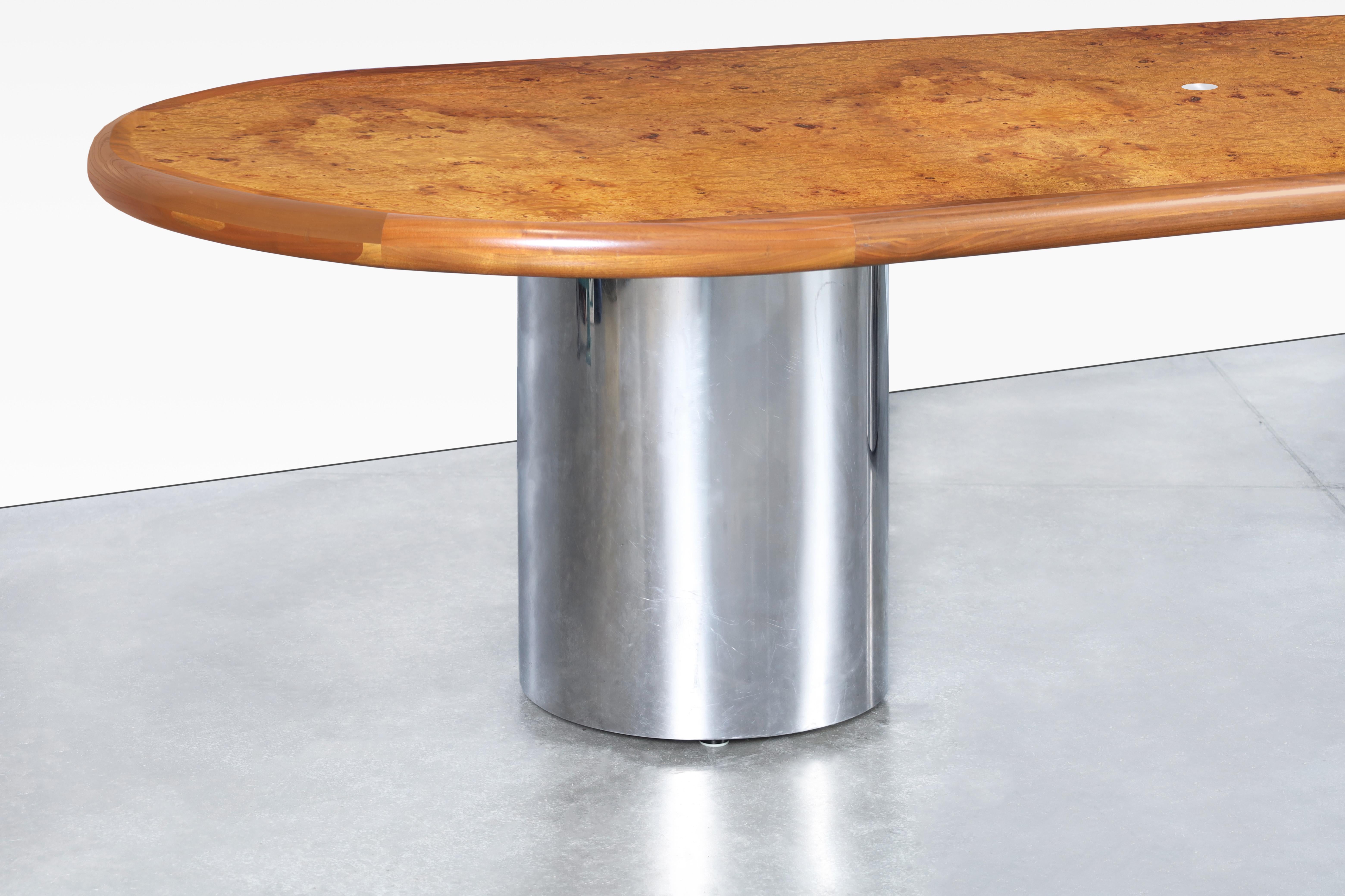 Stainless Steel Mid-Century Modern Burl Wood and Chrome Oval Dining Table or Conference Table For Sale