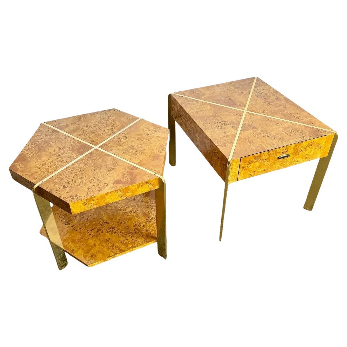 Mesas auxiliares de madera burl y oro de Herman - Juego de 2 en venta