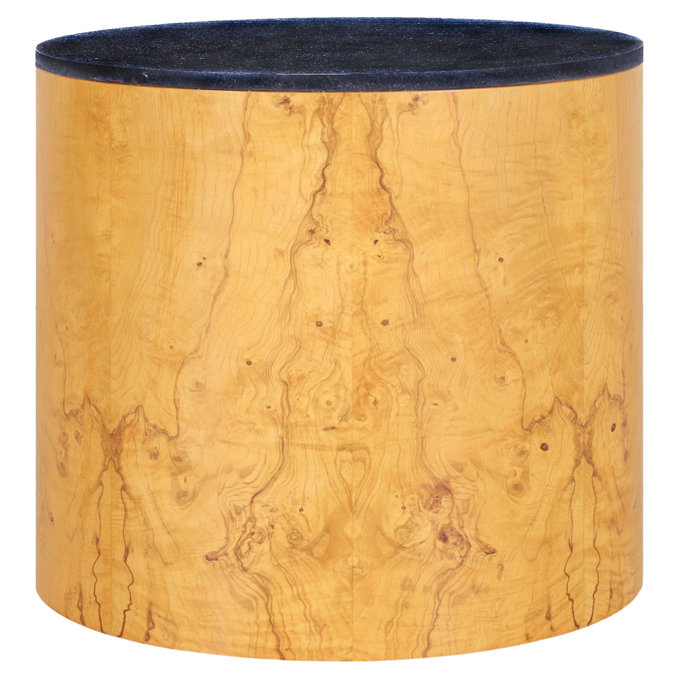 Mid-Century Modern Burl Wood and Granite "Drum" Side Table by Paul Mayen