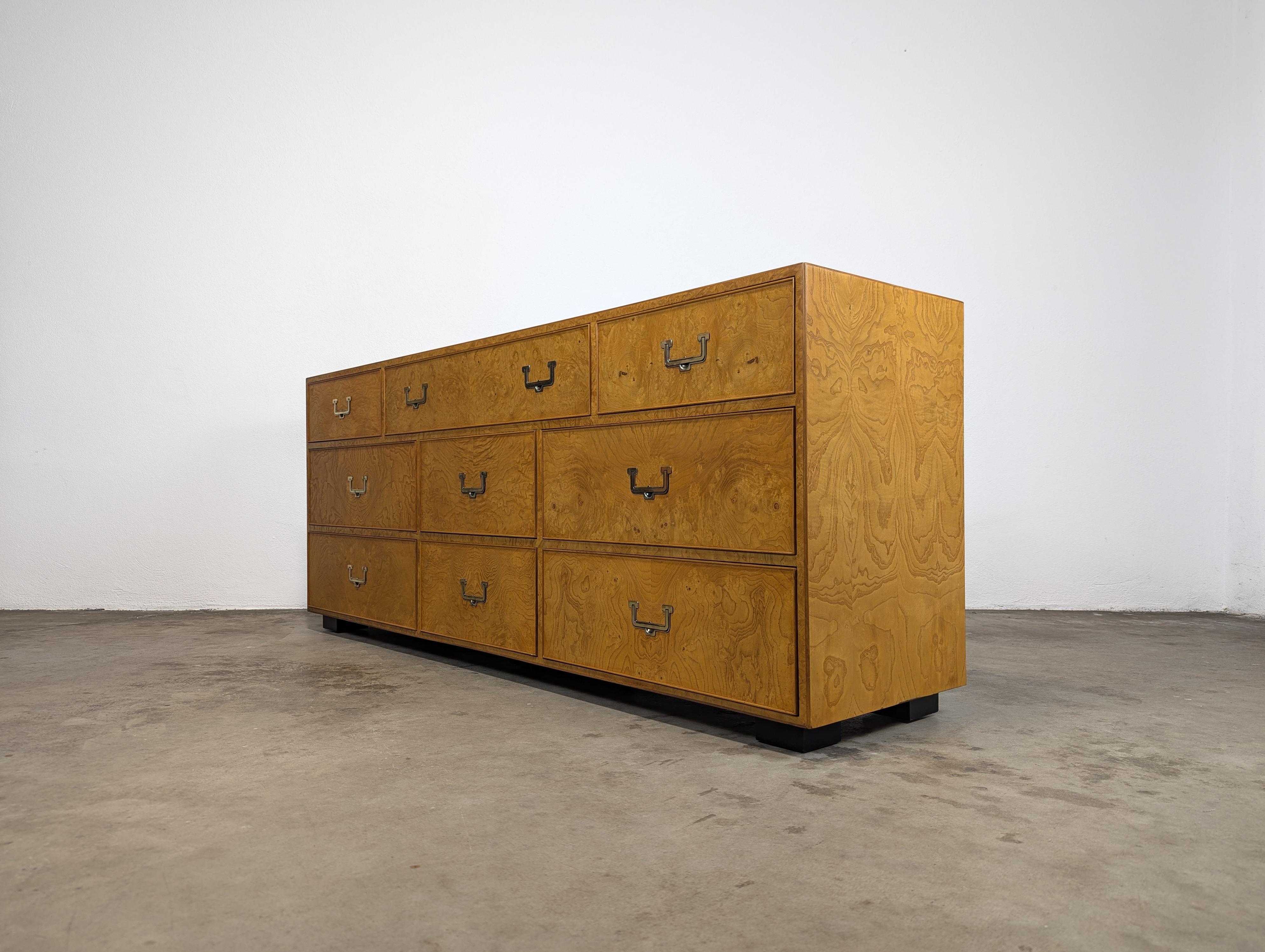 Mid Century Modern Burl Wood Campaign Dresser by John Widdicomb, c1960s In Excellent Condition For Sale In Chino Hills, CA