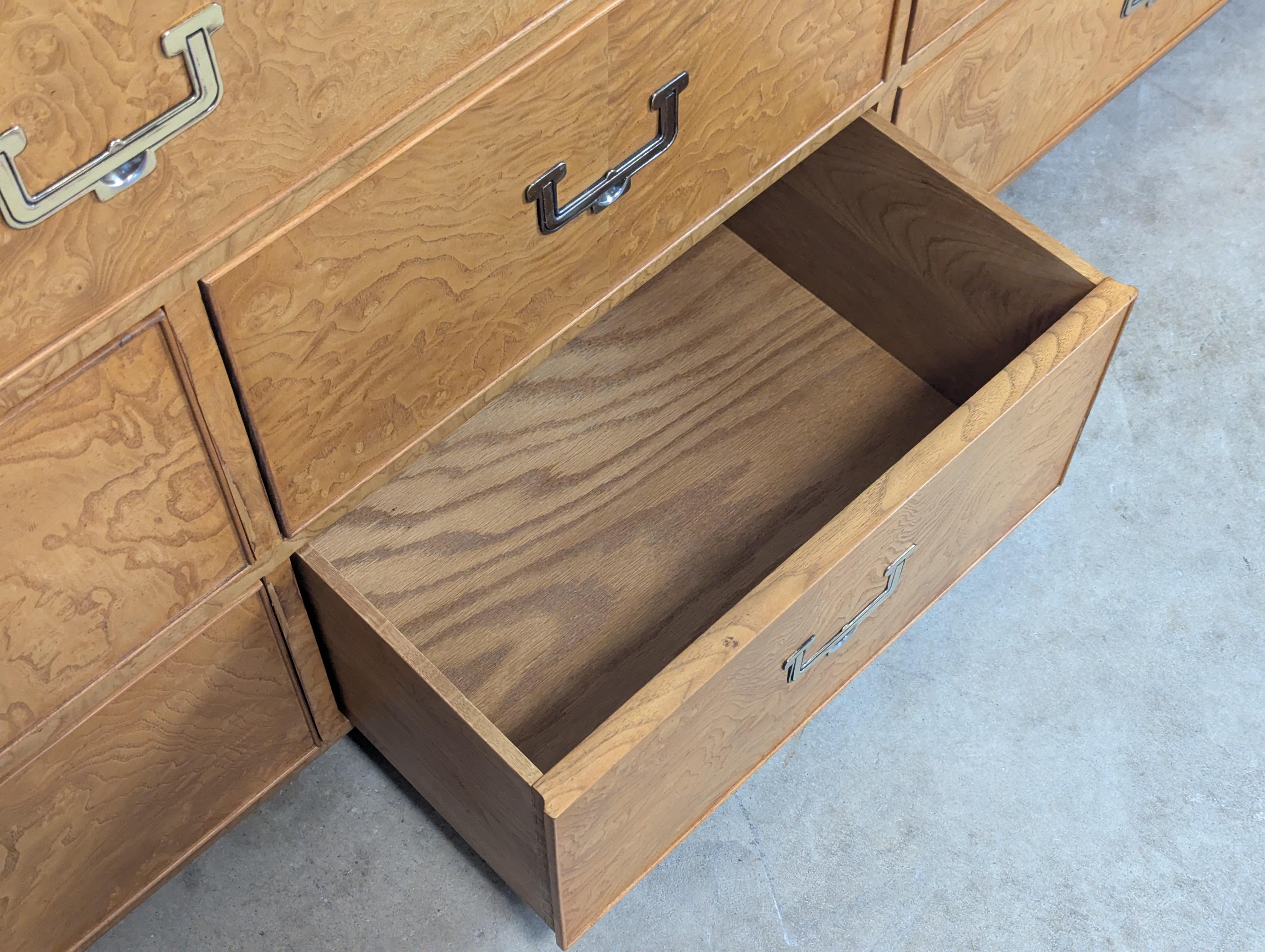 Metal Mid Century Modern Burl Wood Campaign Dresser by John Widdicomb, c1960s For Sale