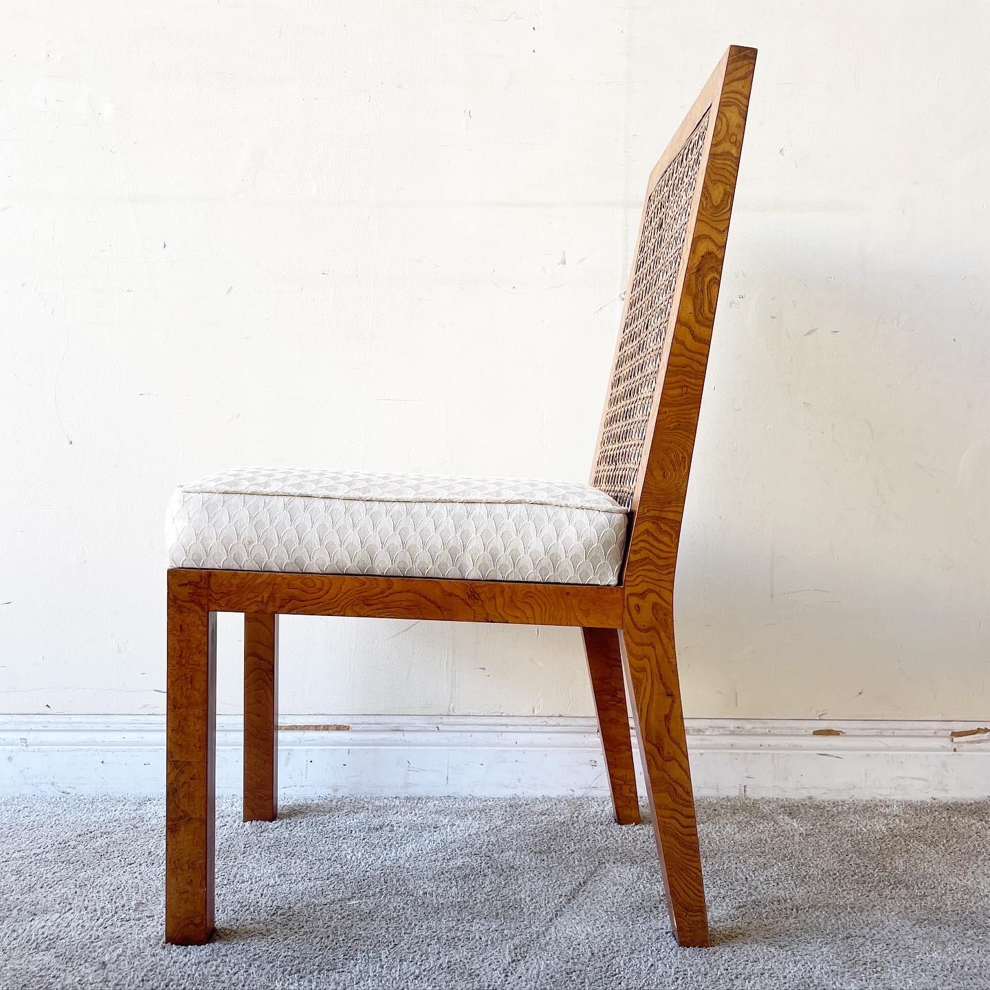 American Mid-Century Modern Burl Wood & Cane Parsons Dining Chairs by John Widdicomb