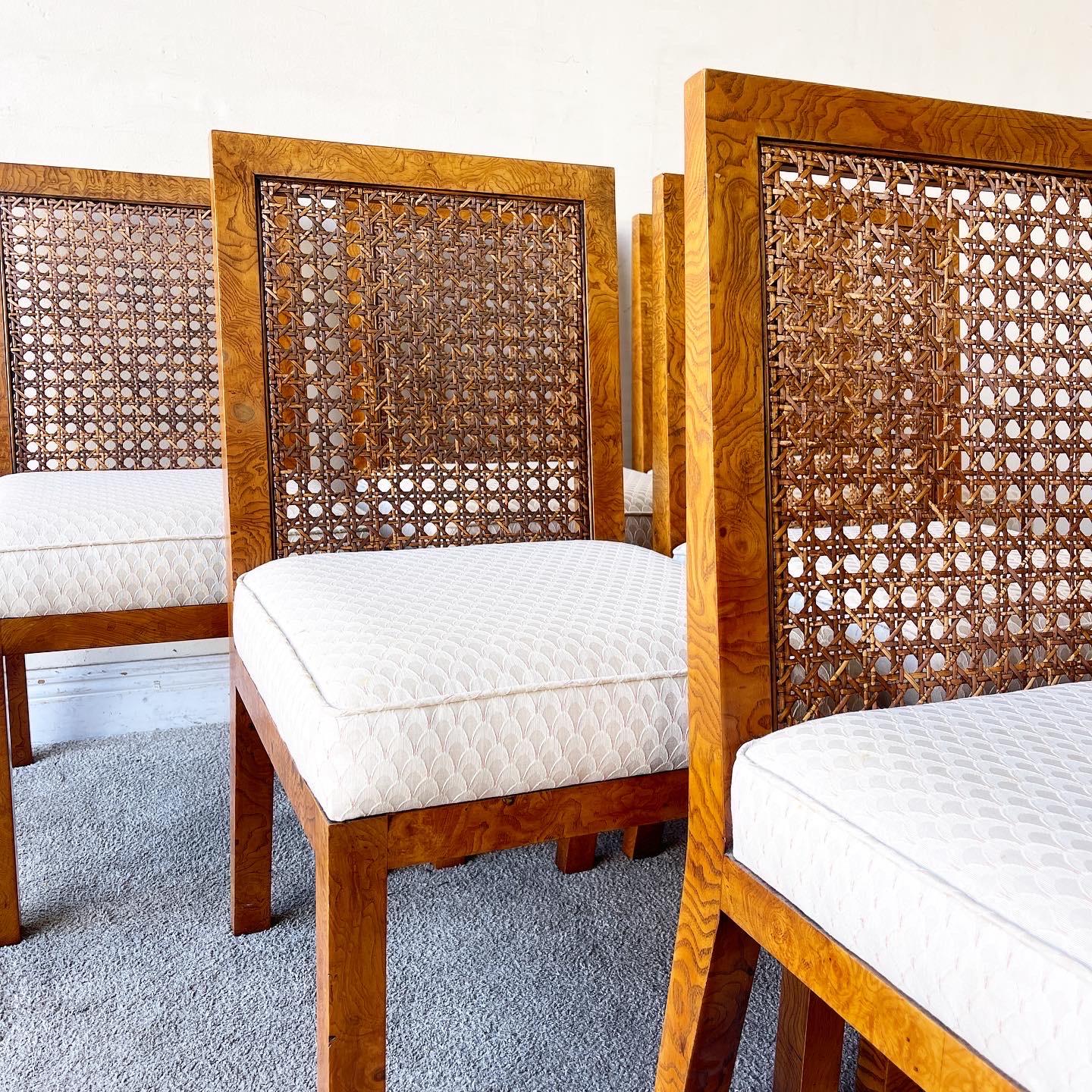 Mid-20th Century Mid-Century Modern Burl Wood & Cane Parsons Dining Chairs by John Widdicomb
