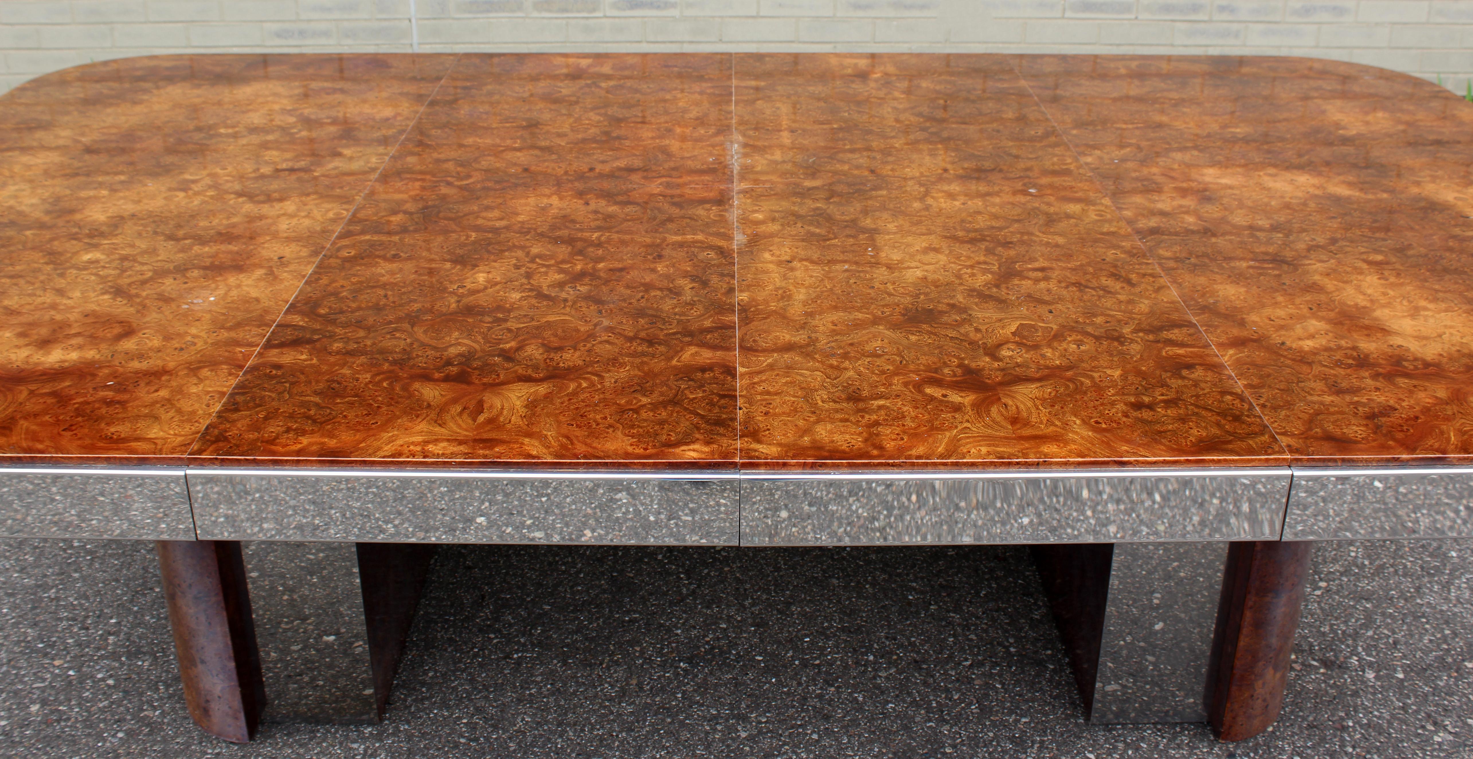 Mid-Century Modern Burl Wood Chrome Expandable Dining Table Baughman Evans Era 5