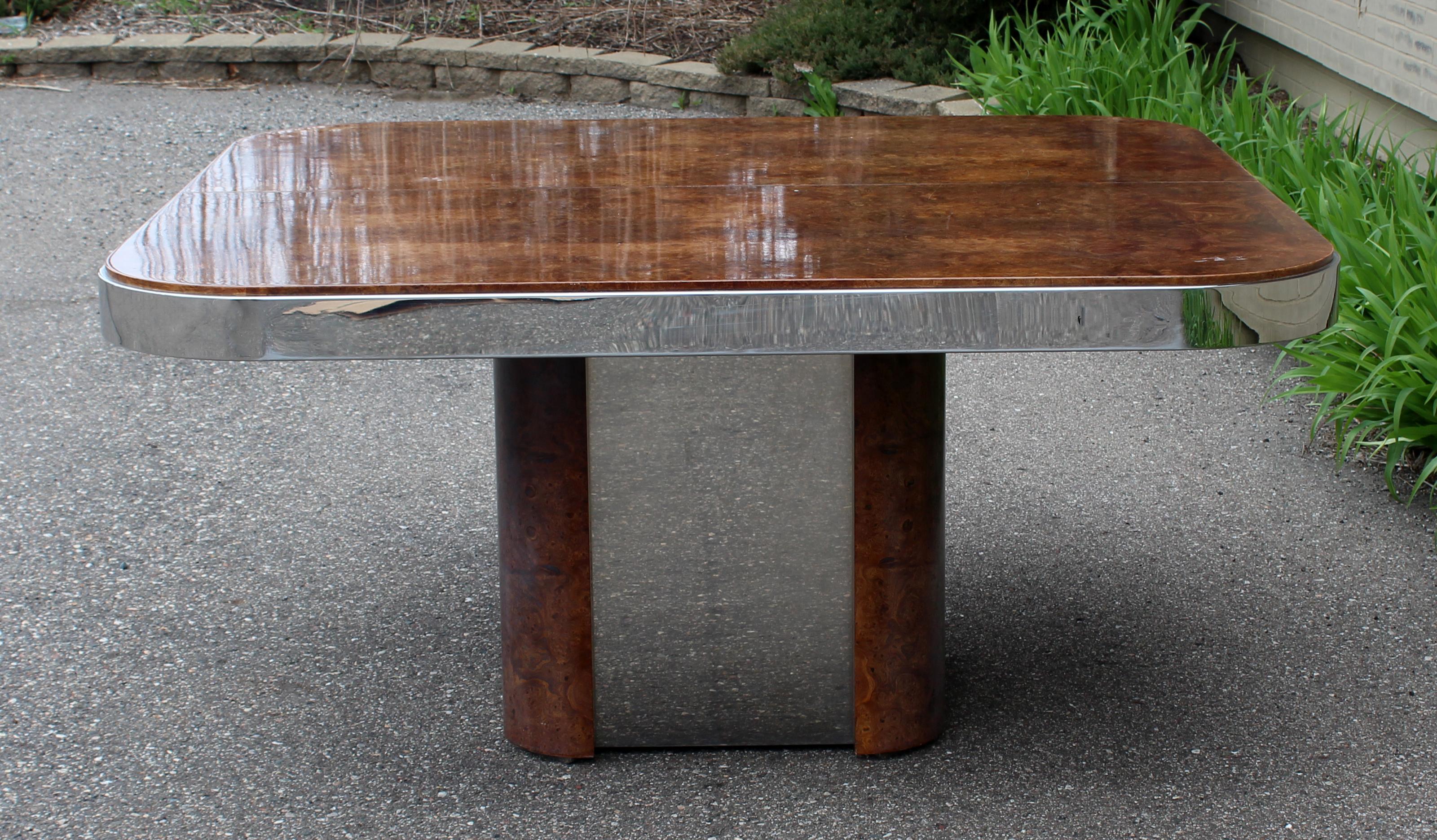 American Mid-Century Modern Burl Wood Chrome Expandable Dining Table Baughman Evans Era