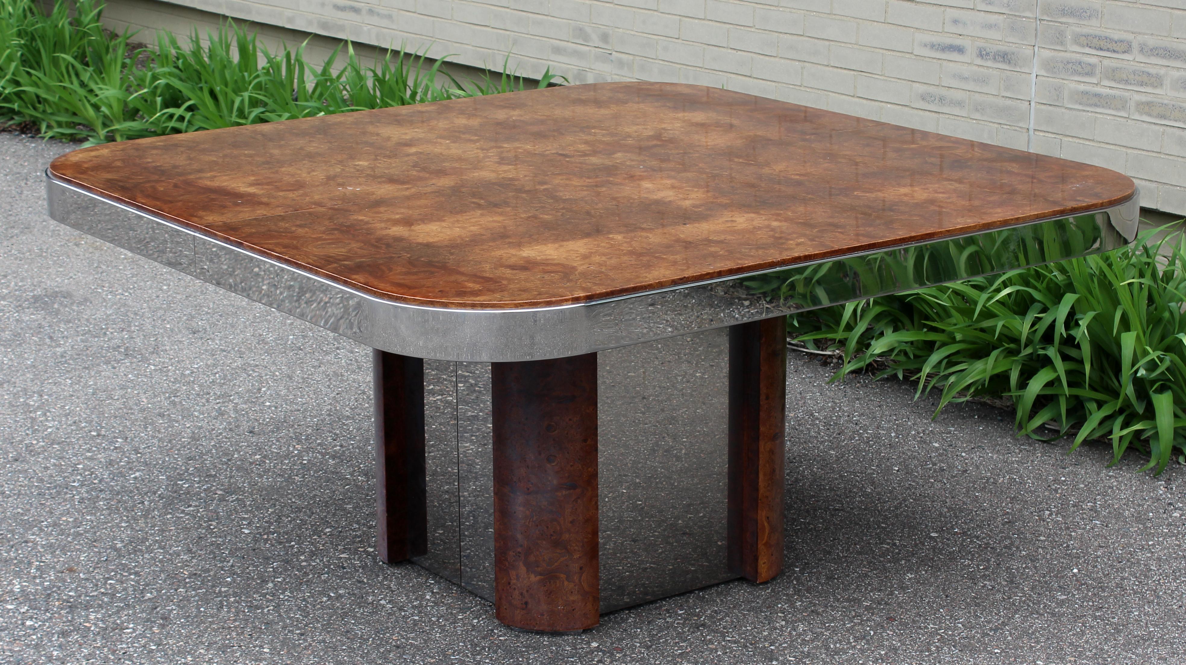 Mid-Century Modern Burl Wood Chrome Expandable Dining Table Baughman Evans Era 1