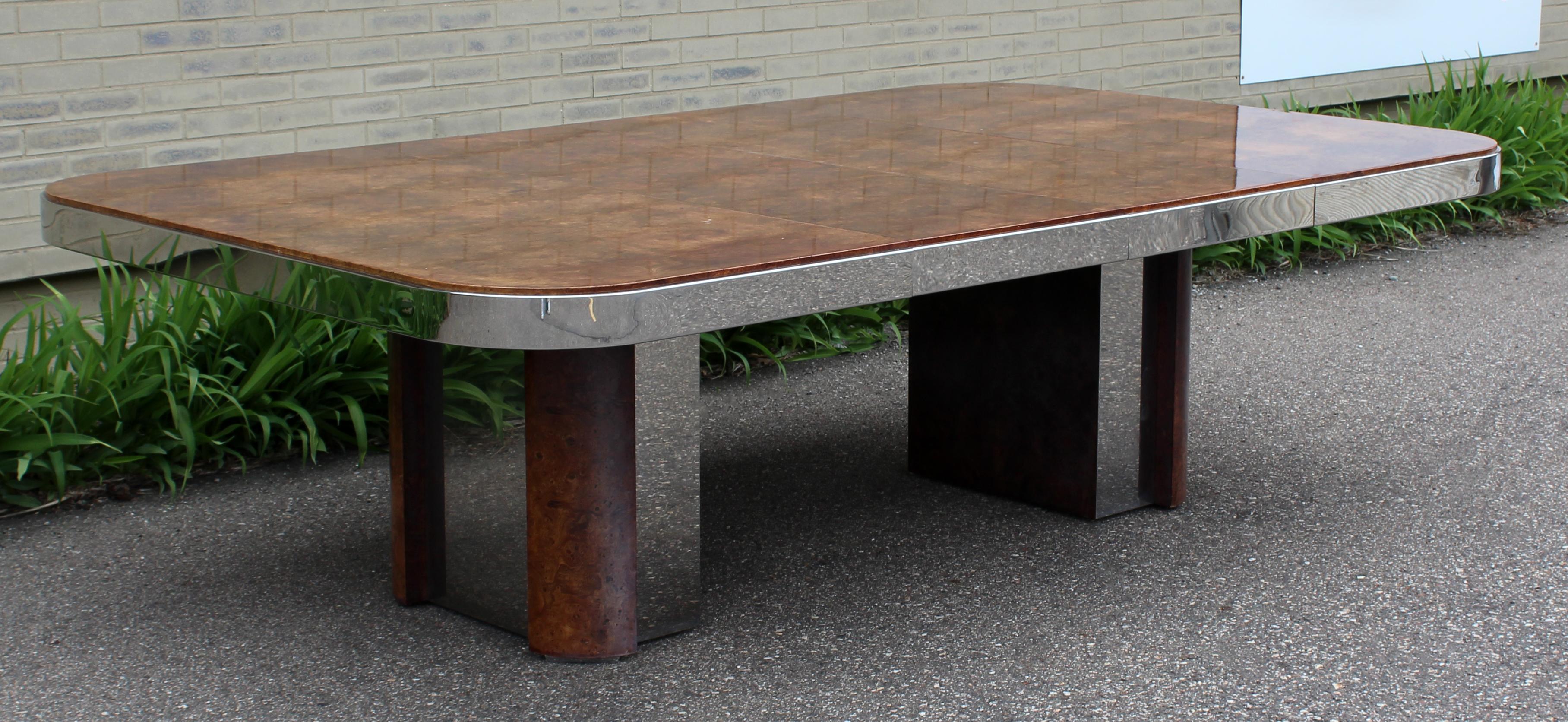 Mid-Century Modern Burl Wood Chrome Expandable Dining Table Baughman Evans Era 4