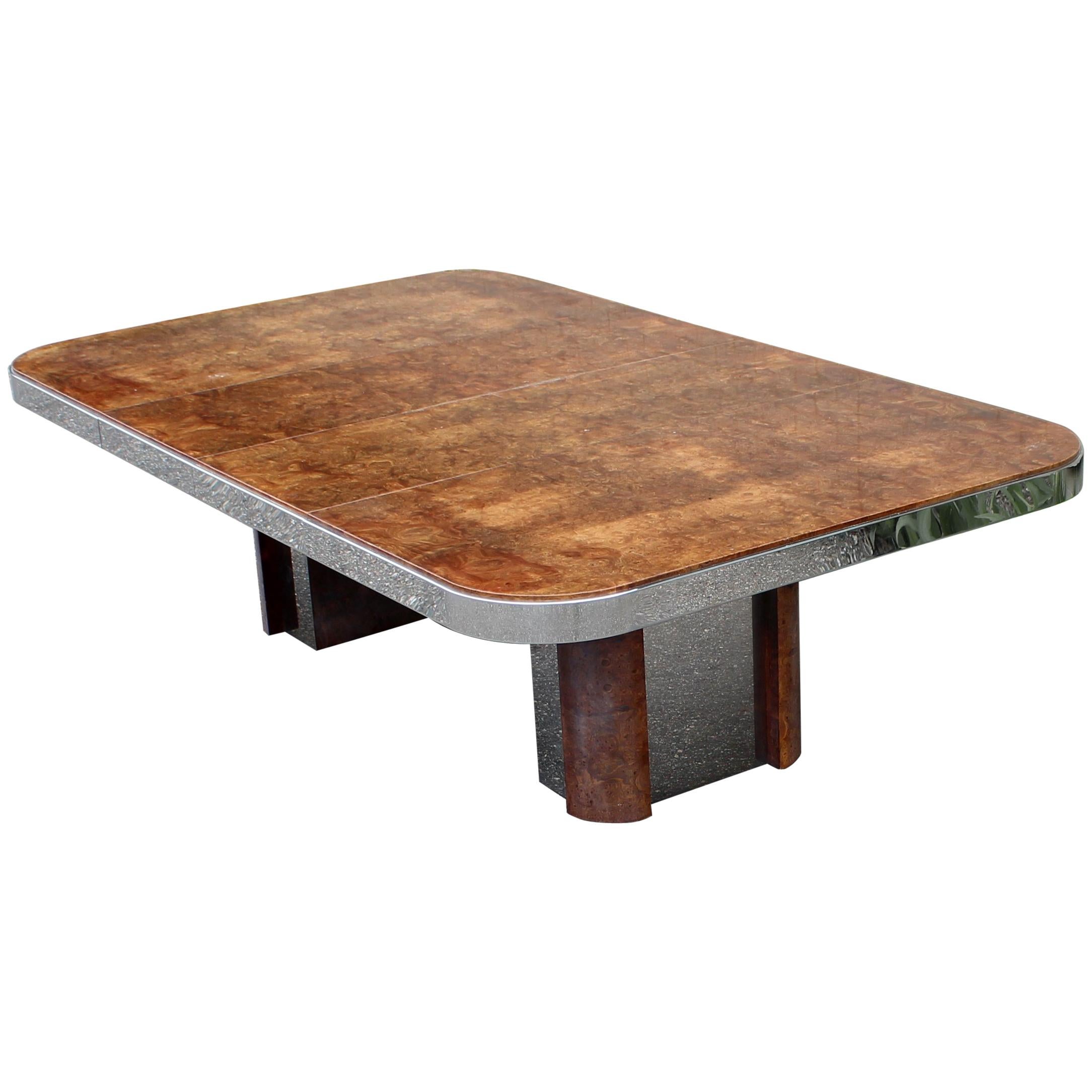 Mid-Century Modern Burl Wood Chrome Expandable Dining Table Baughman Evans Era