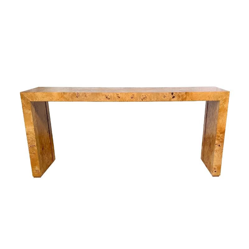 Beautiful and classic mid-century modern burl console table with a waterfall style leg.  in the style of Milo Baughman.  


To view all of  our listings at Tiffany Farha Design, scroll down and click on VIEW ALL FROM SELLER.  Also follow us to be