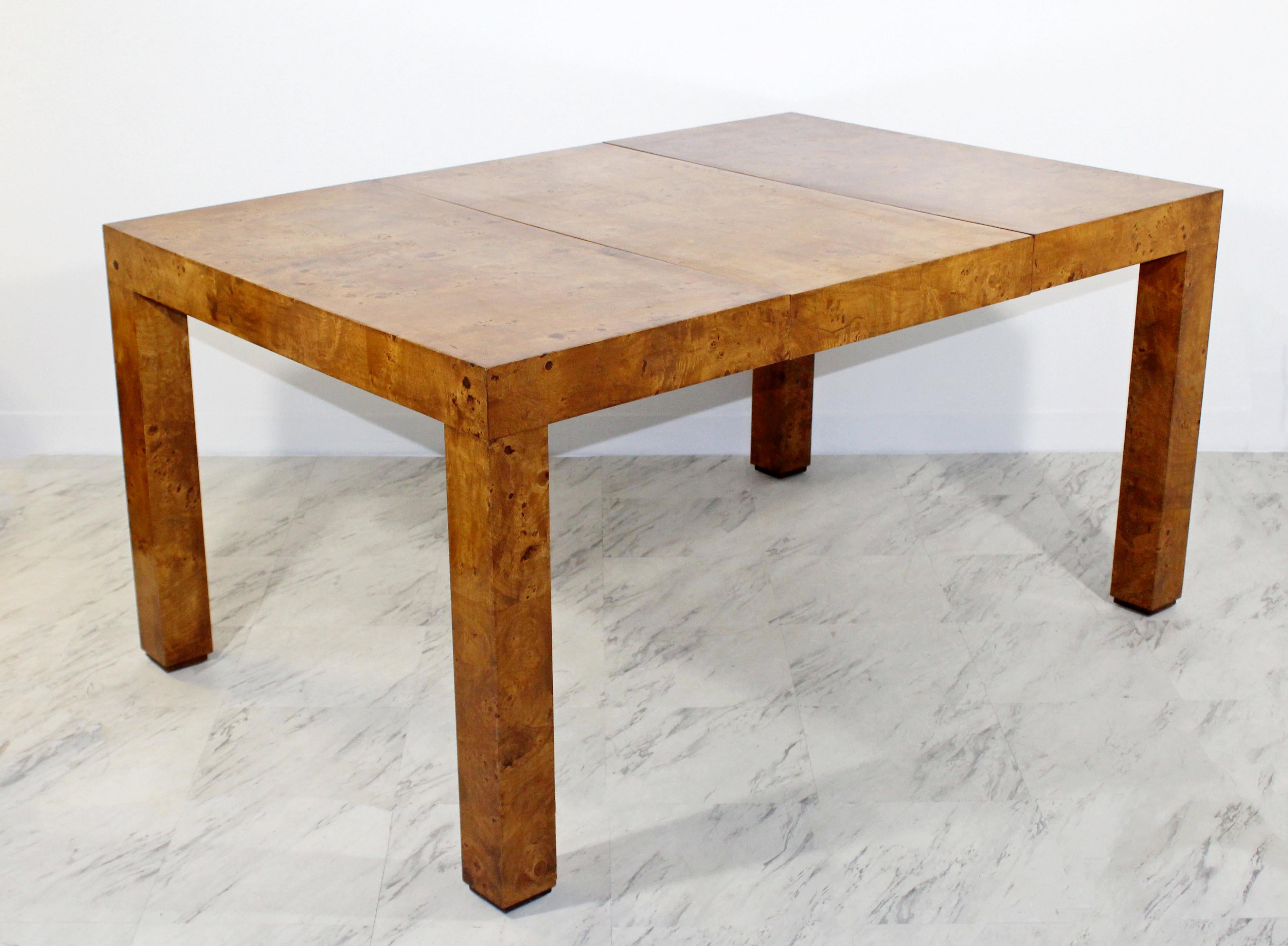 Mid-Century Modern Burl Wood Dining Table with 2 Leaves by Milo Baughman, 1970s In Good Condition In Keego Harbor, MI