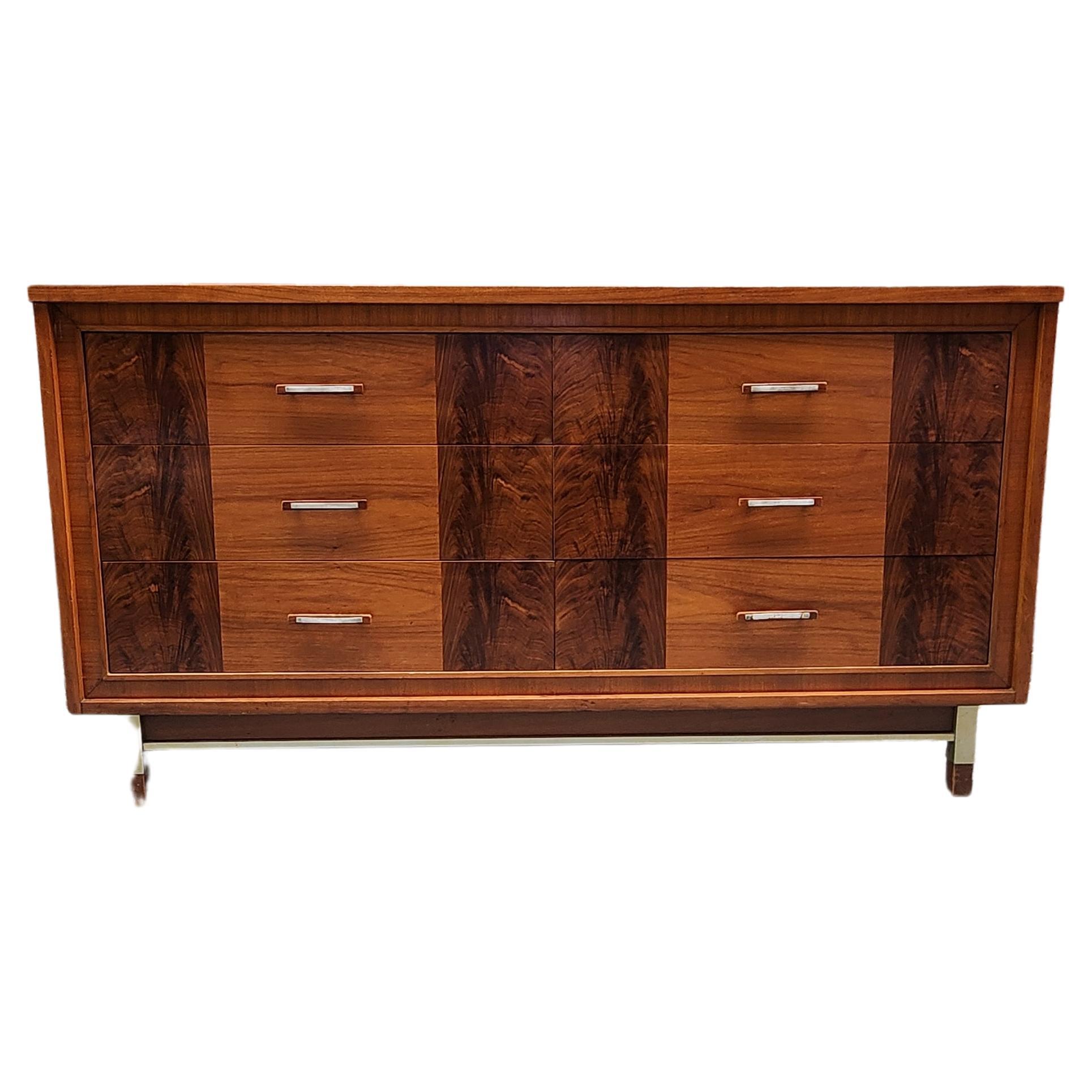 Mid-Century Modern Burl Wood Front Walnut Six-Drawer Dresser