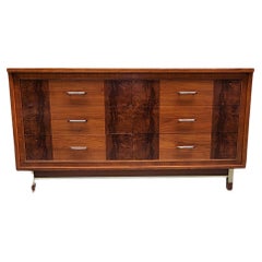 Vintage Mid-Century Modern Burl Wood Front Walnut Six-Drawer Dresser