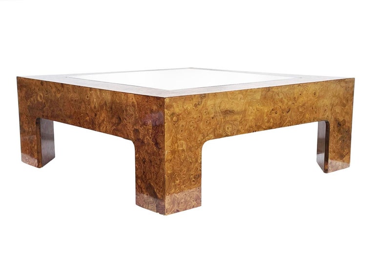 Mid-Century Modern Mid Century Modern Burl Wood & Glass Square Cocktail Table After Milo Baughman For Sale