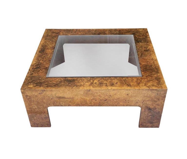 American Mid Century Modern Burl Wood & Glass Square Cocktail Table After Milo Baughman For Sale