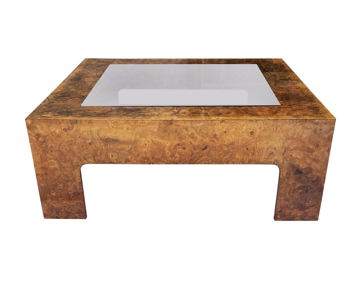 Mid Century Modern Burl Wood & Glass Square Cocktail Table After Milo Baughman In Good Condition In Philadelphia, PA