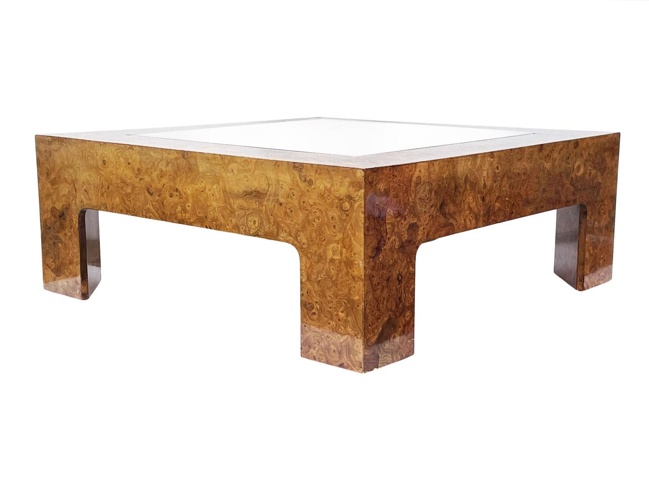 Late 20th Century Mid Century Modern Burl Wood & Glass Square Cocktail Table After Milo Baughman
