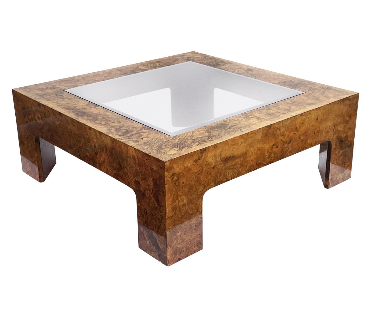Mid Century Modern Burl Wood & Glass Square Cocktail Table After Milo Baughman 1