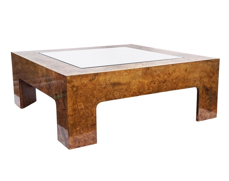 Mid Century Modern Burl Wood & Glass Square Cocktail Table After Milo Baughman For Sale 3