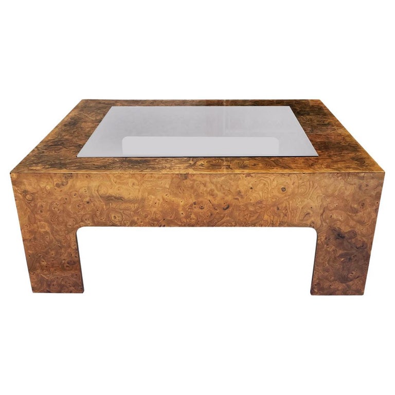 Mid Century Modern Burl Wood & Glass Square Cocktail Table After Milo Baughman For Sale