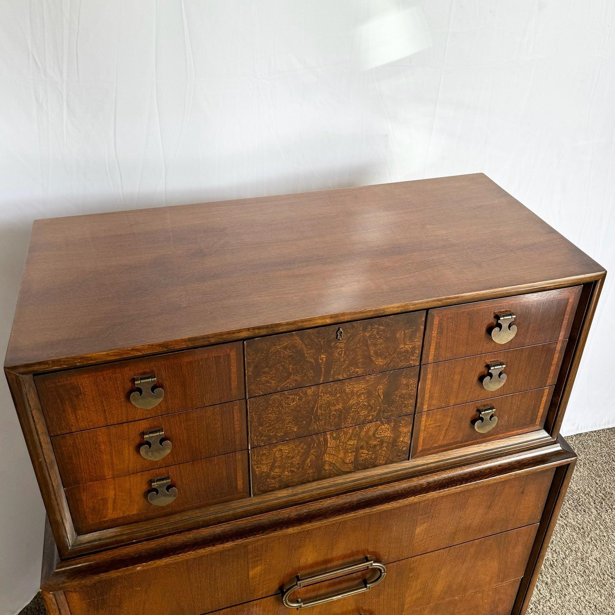 Mid Century Modern Burl Wood Highboy Dresser by Thomasville For Sale 5