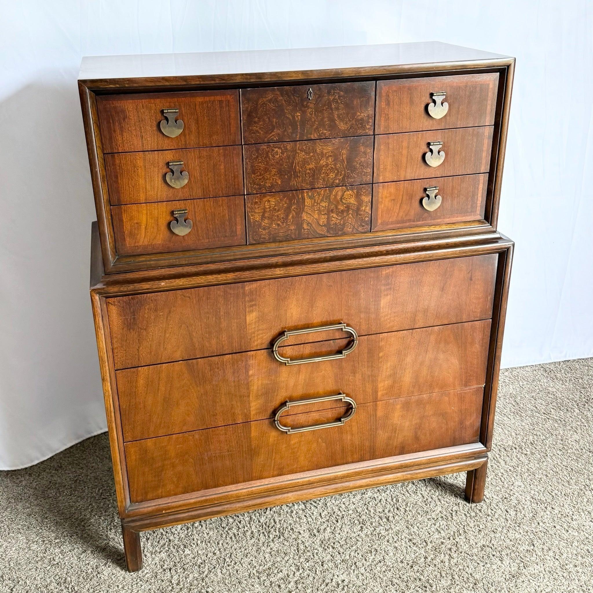 Mid Century Modern Burl Wood Highboy Dresser by Thomasville For Sale 6