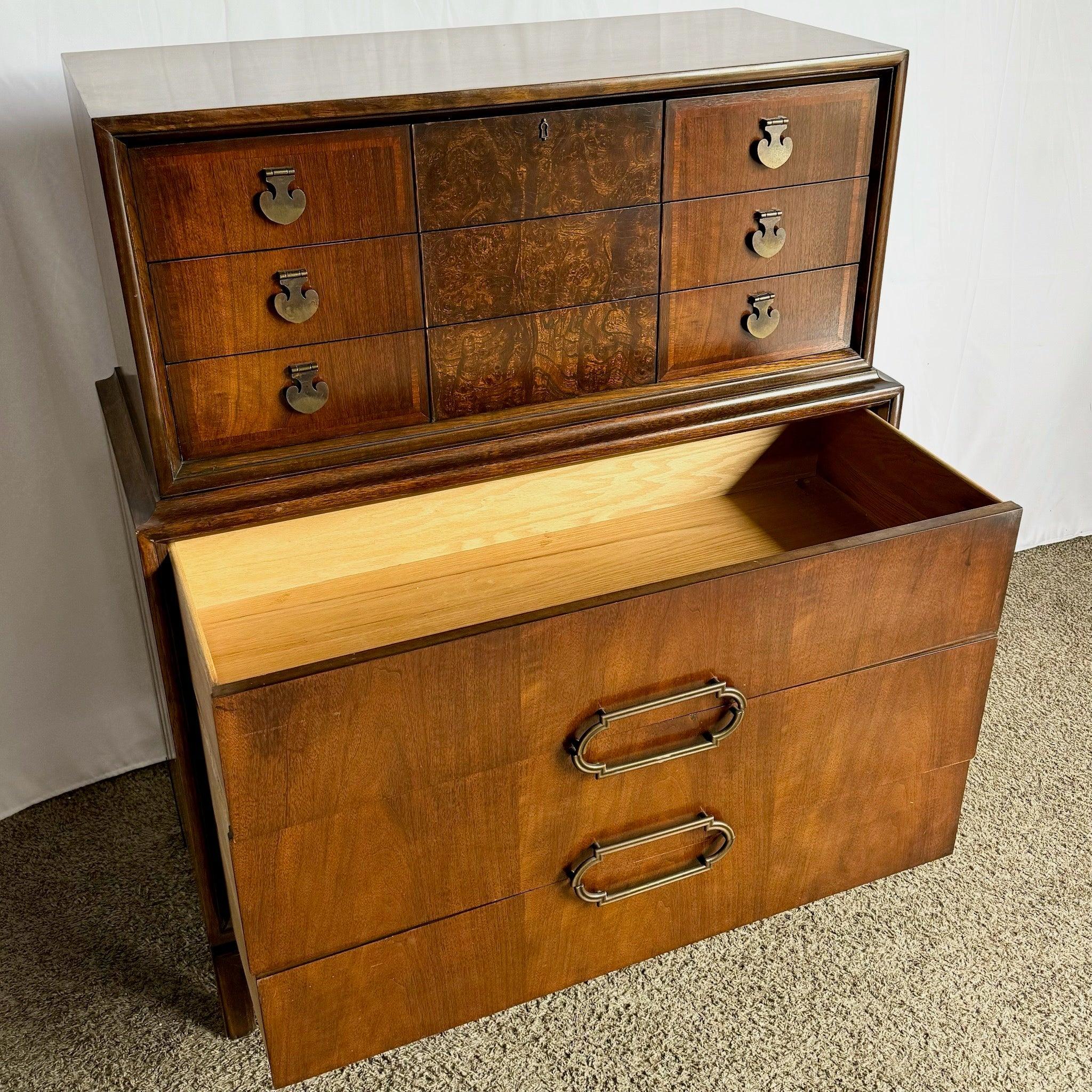 Mid Century Modern Burl Wood Highboy Dresser by Thomasville For Sale 2