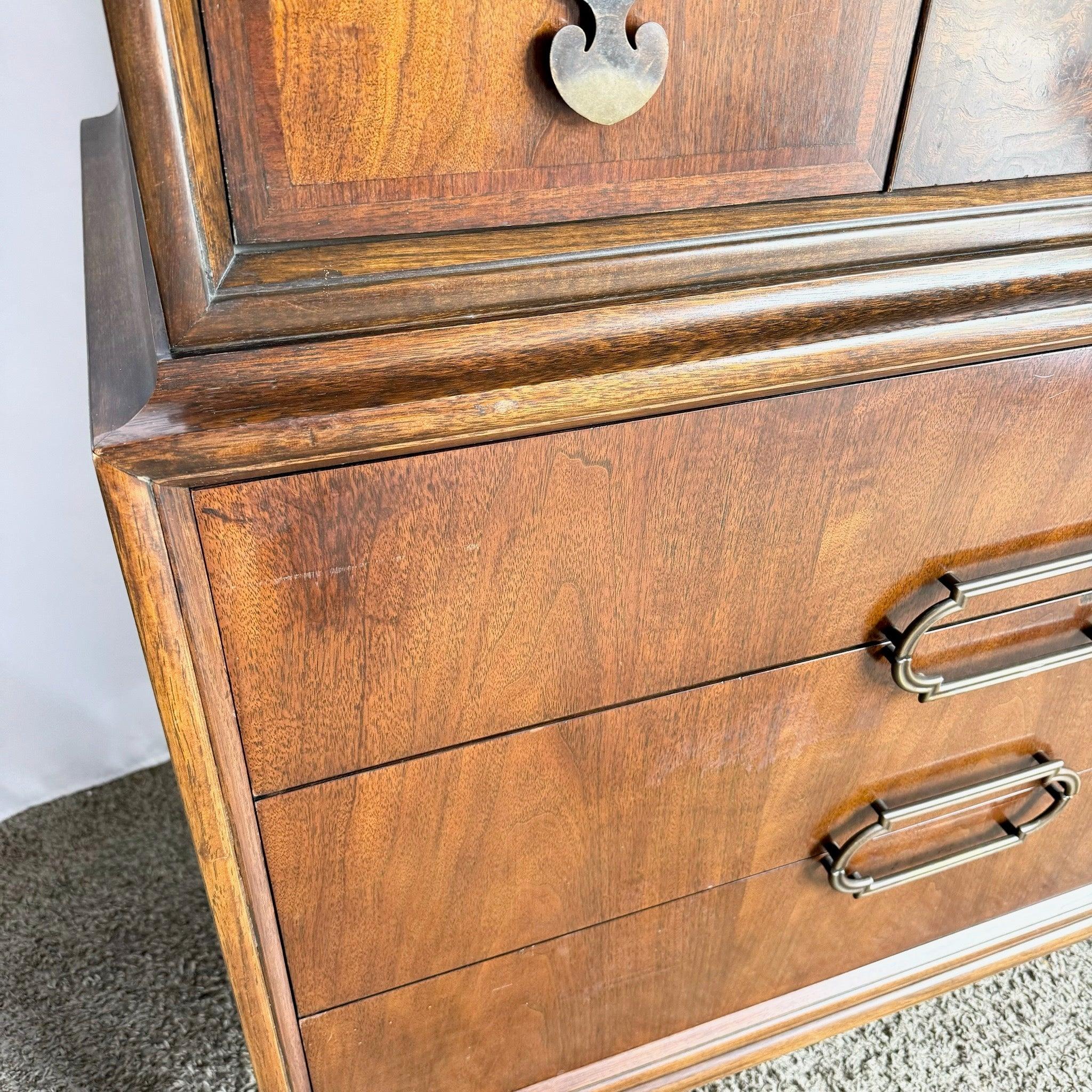 Mid Century Modern Burl Wood Highboy Dresser by Thomasville For Sale 4