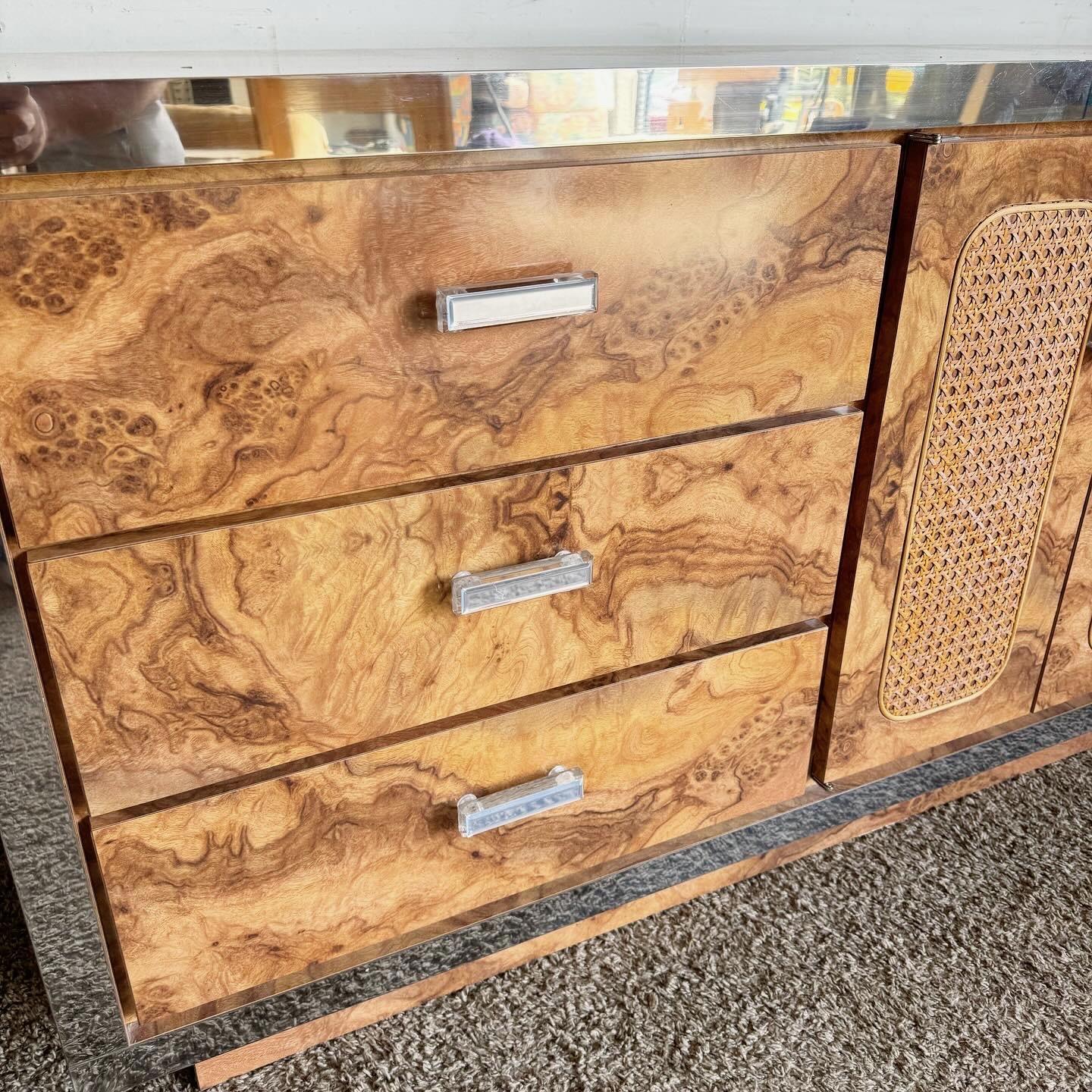 Mid Century Modern Burl Wood Laminate Cane and Chrome Dresser With Mirrors 5