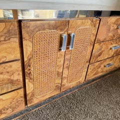 Mid Century Modern Burl Wood Laminate Cane and Chrome Dresser With Mirrors