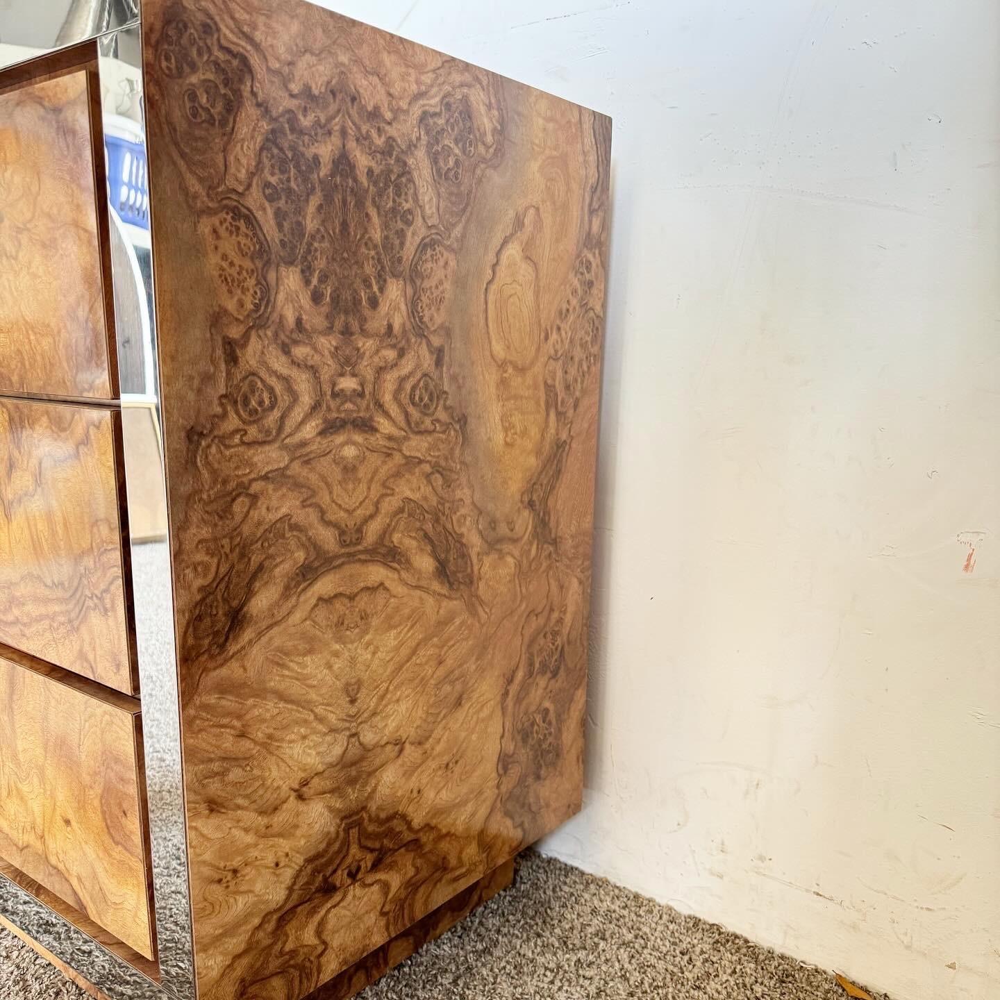 American Mid Century Modern Burl Wood Laminate Cane and Chrome Dresser With Mirrors