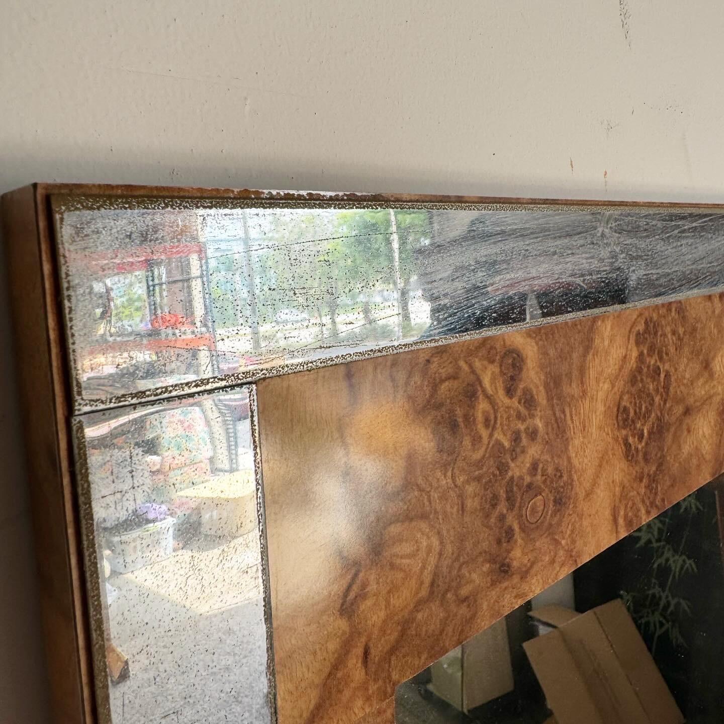 Mid Century Modern Burl Wood Laminate Cane and Chrome Dresser With Mirrors In Good Condition In Delray Beach, FL