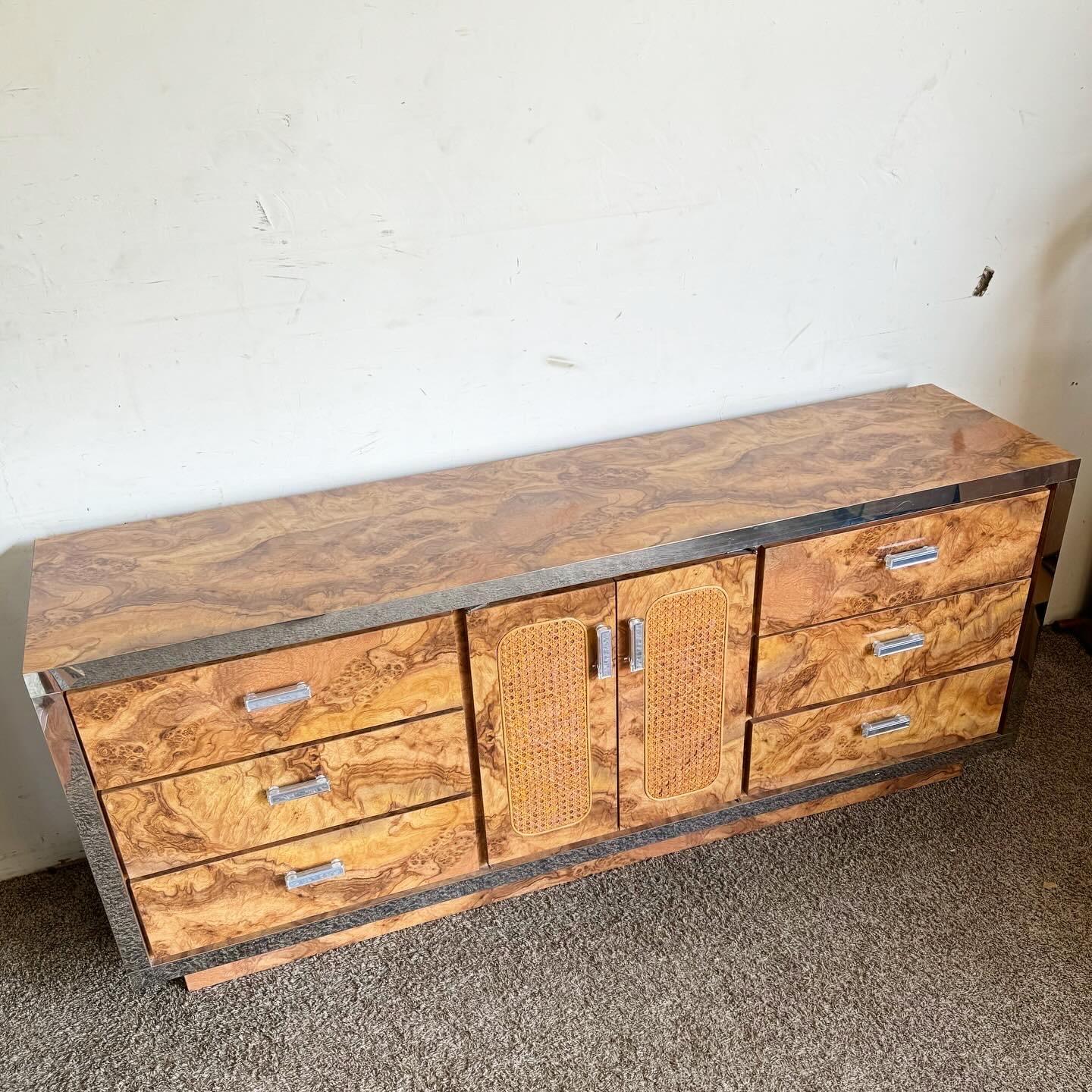 Late 20th Century Mid Century Modern Burl Wood Laminate Cane and Chrome Dresser With Mirrors