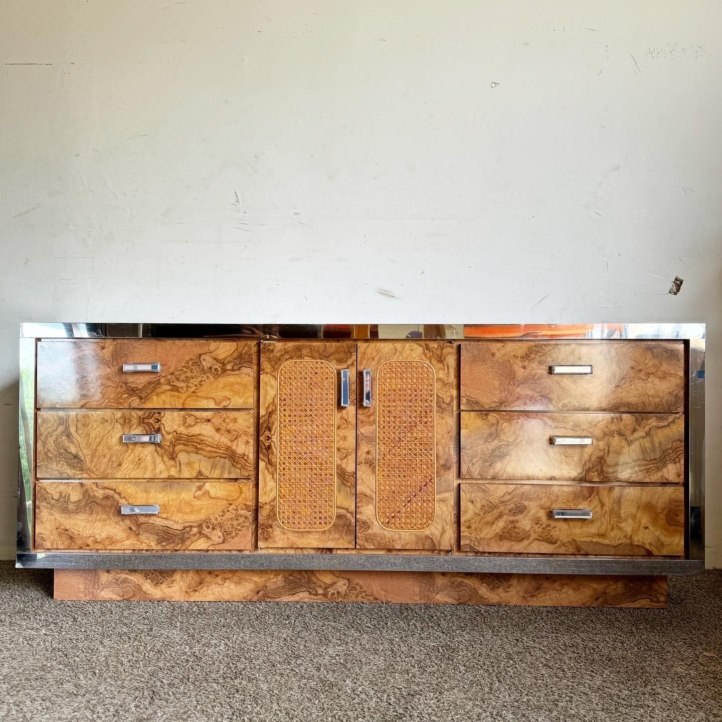 Mid Century Modern Burl Wood Laminate Cane and Chrome Dresser With Mirrors 1