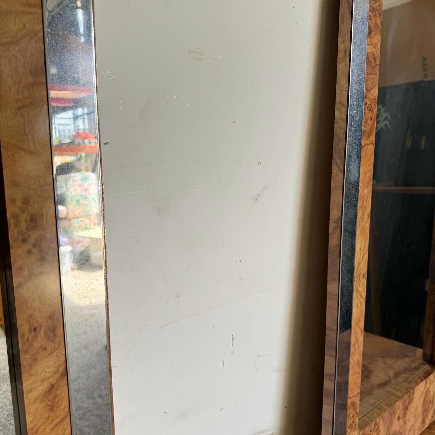 Mid Century Modern Burl Wood Laminate Cane and Chrome Dresser With Mirrors 4