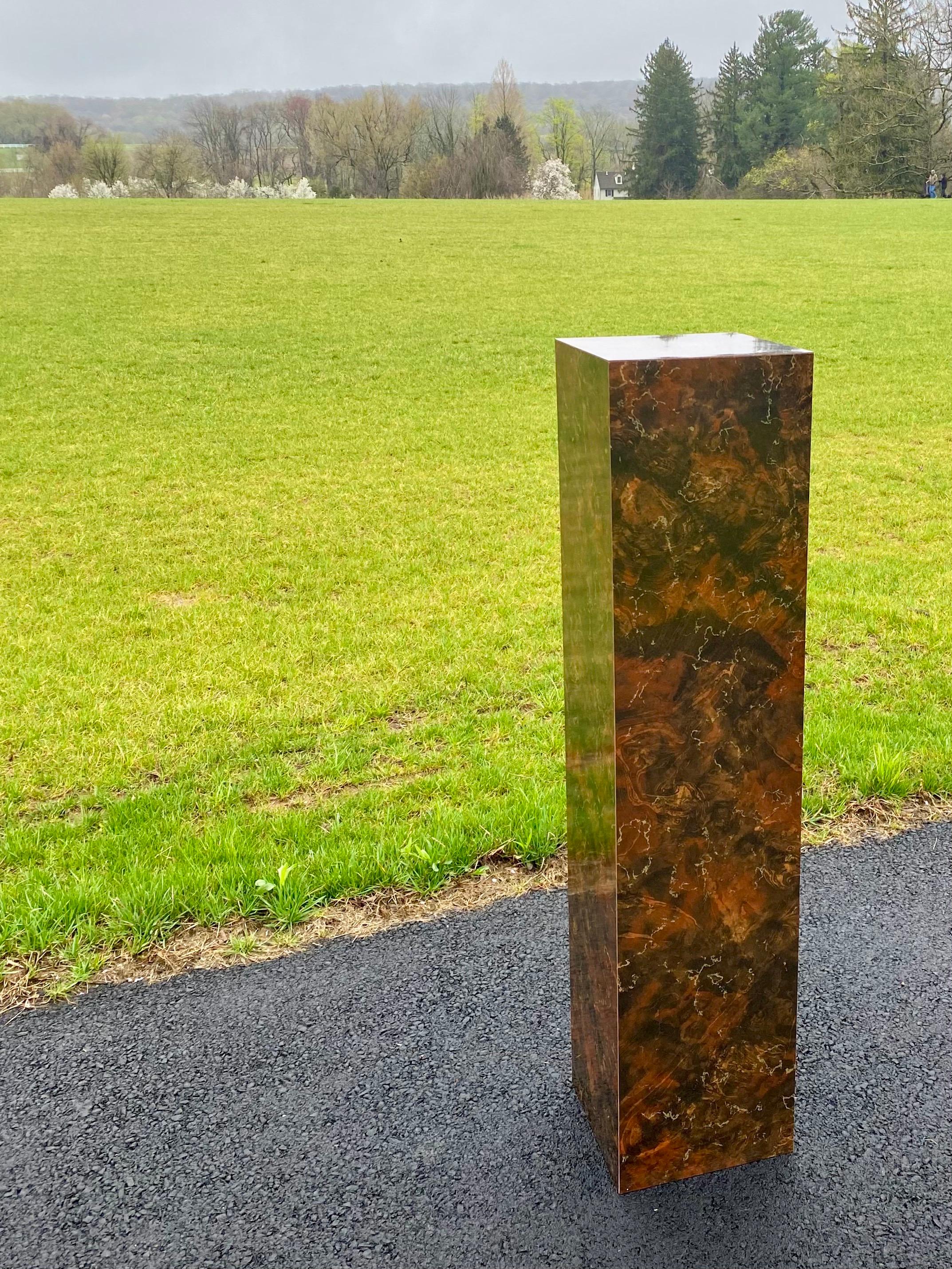 Laminate Mid-Century Modern Burl Wood Milo Baughman Style Column Pedestal Display Stand  For Sale