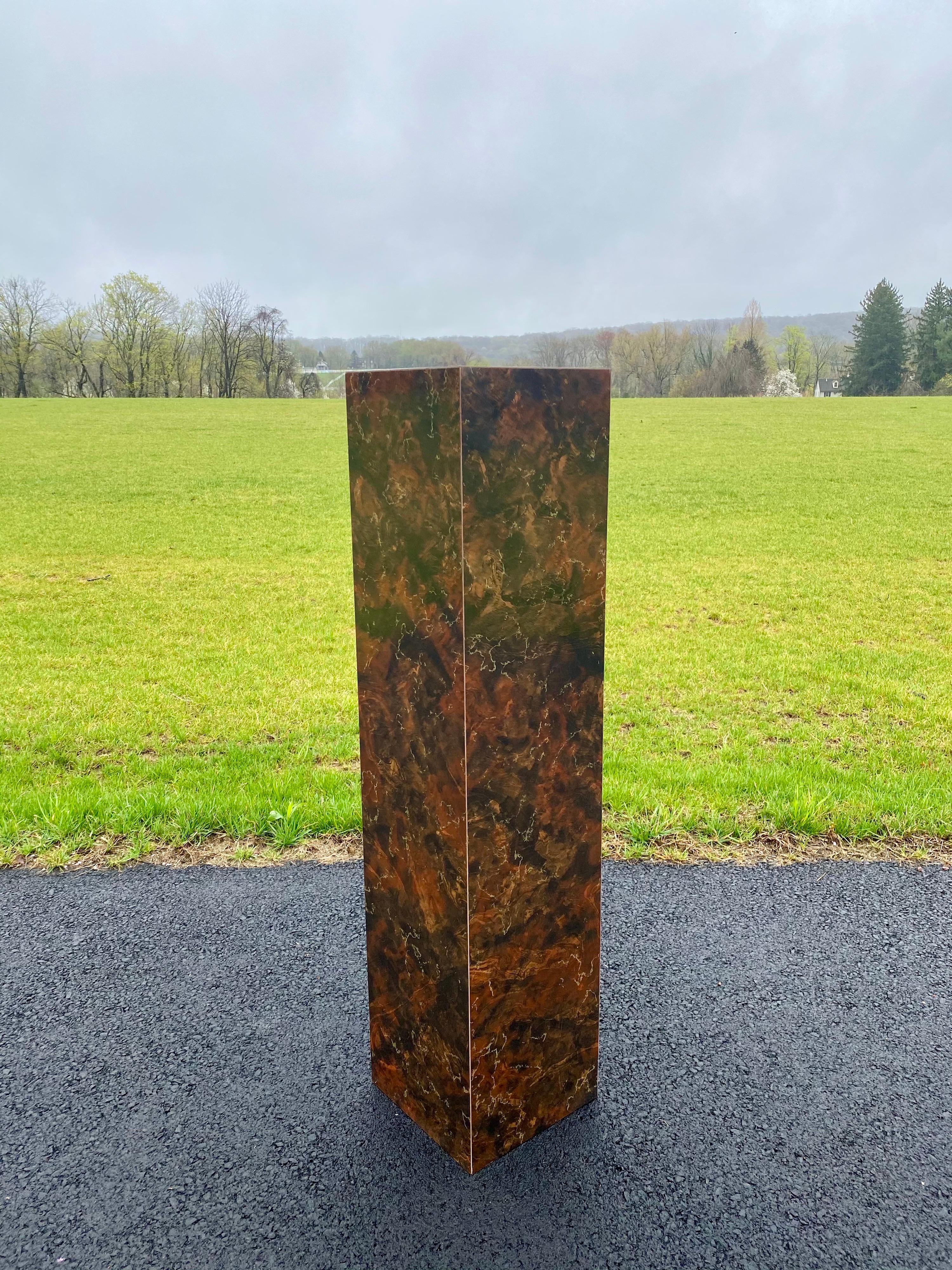 Laminate Mid-Century Modern Burl Wood Milo Baughman Style Column Pedestal Display Stand