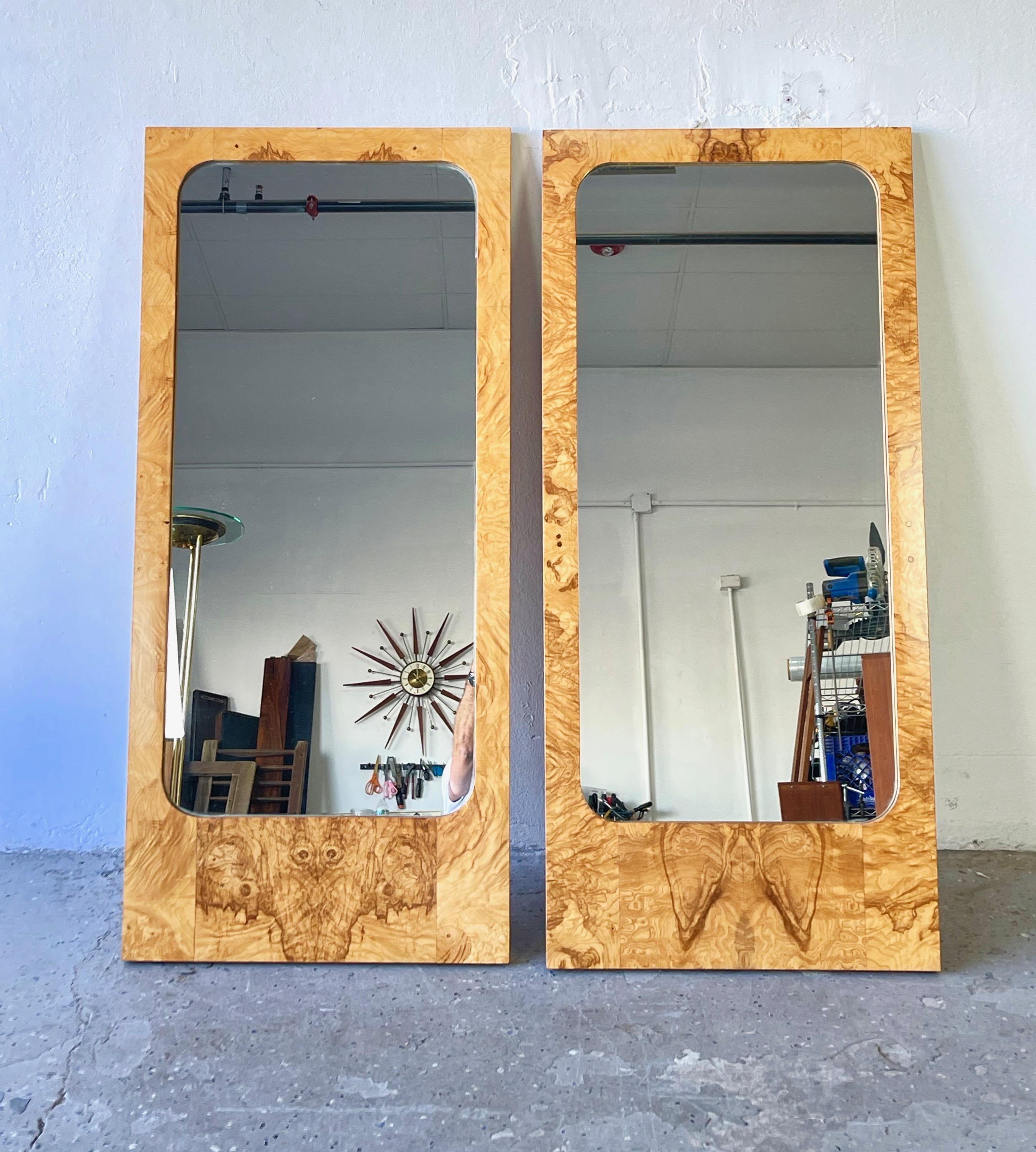 Mid-Century Modern burl wood mirrors by Milo Baughman for Lane

Pair of vintage Lane mid-century burl wood rectangular mirrors. Beautiful wood grain, clean modernist lines, designed by Milo Baughman.

Dimensions
Height: 47 in.
Width: 27.5