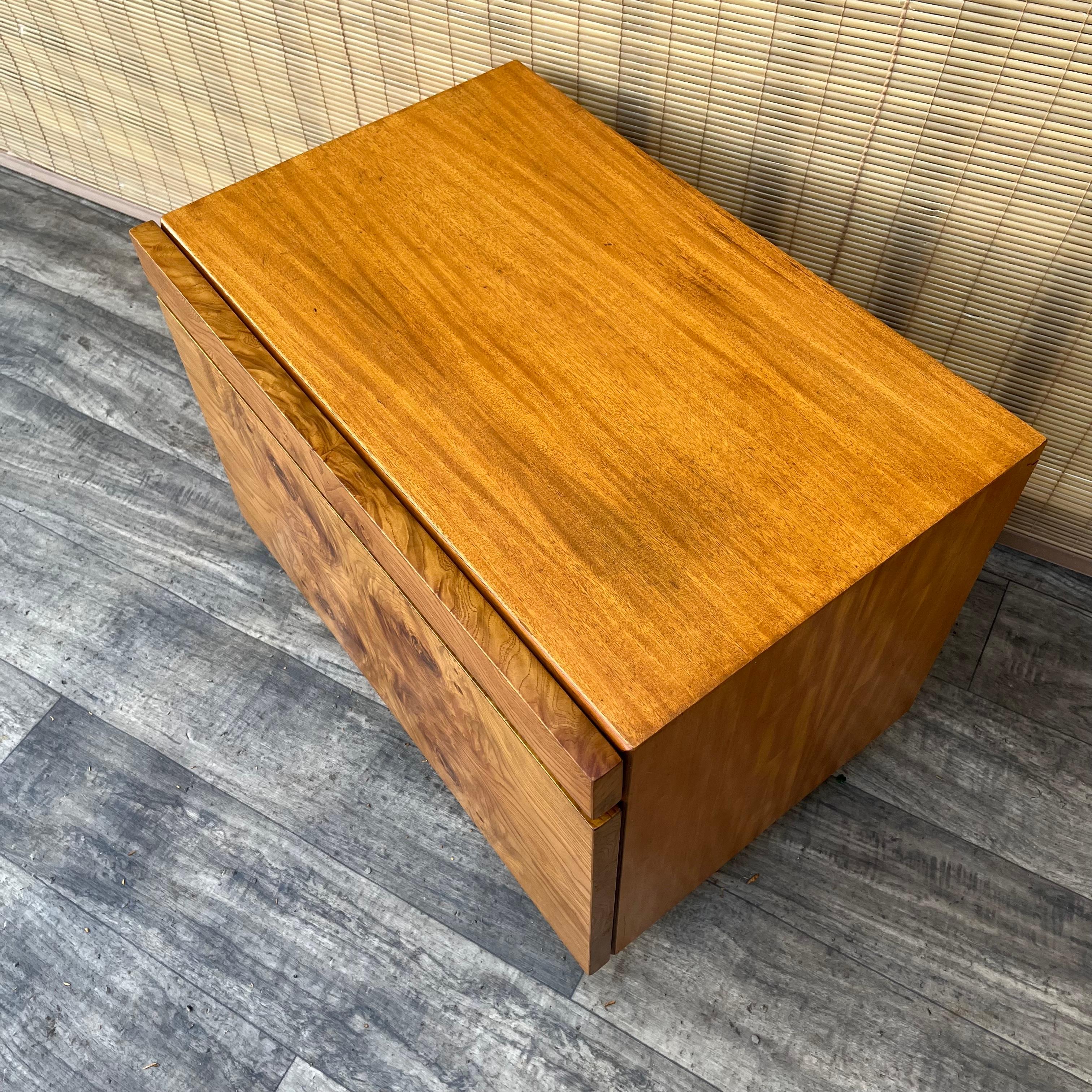 Veneer Mid-Century Modern Burl Wood Nightstand by Lane Altavista. Circa 1970s.